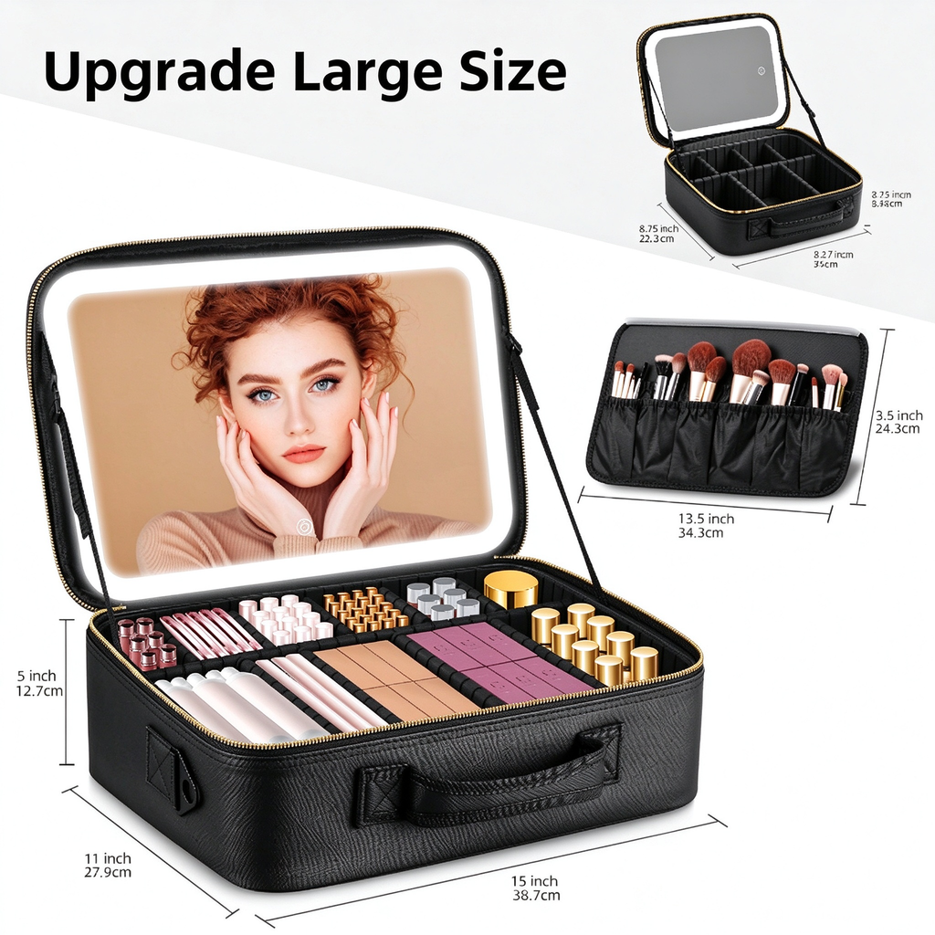 AEELLEEA Lighted Makeup Bag, 3 Color LED Mirror Train Case, Large Capacity Travel Makeup Organizer with Dividers, 15 x 11 x 5 Inch