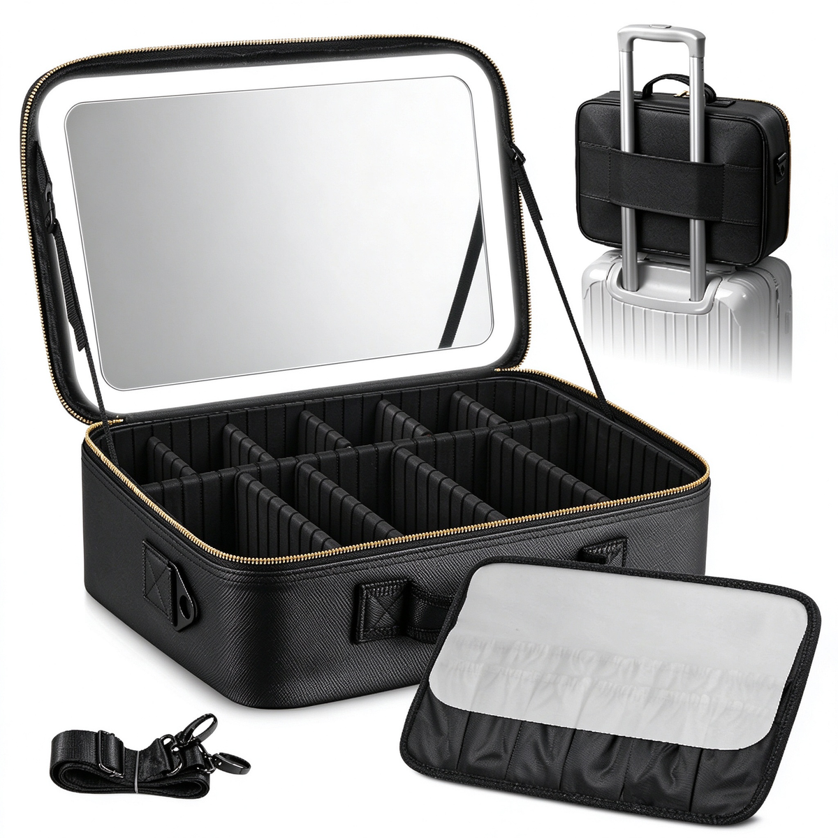 AEELLEEA Lighted Makeup Bag, 3 Color LED Mirror Train Case, Large Capacity Travel Makeup Organizer with Dividers, 15 x 11 x 5 Inch