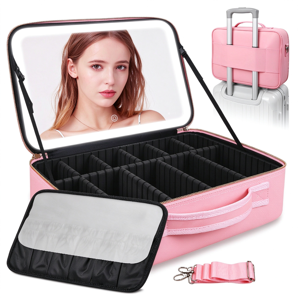 AEELLEEA Lighted Makeup Bag, 3 Color LED Mirror Train Case, Large Capacity Travel Makeup Organizer with Dividers, 15 x 11 x 5 Inch