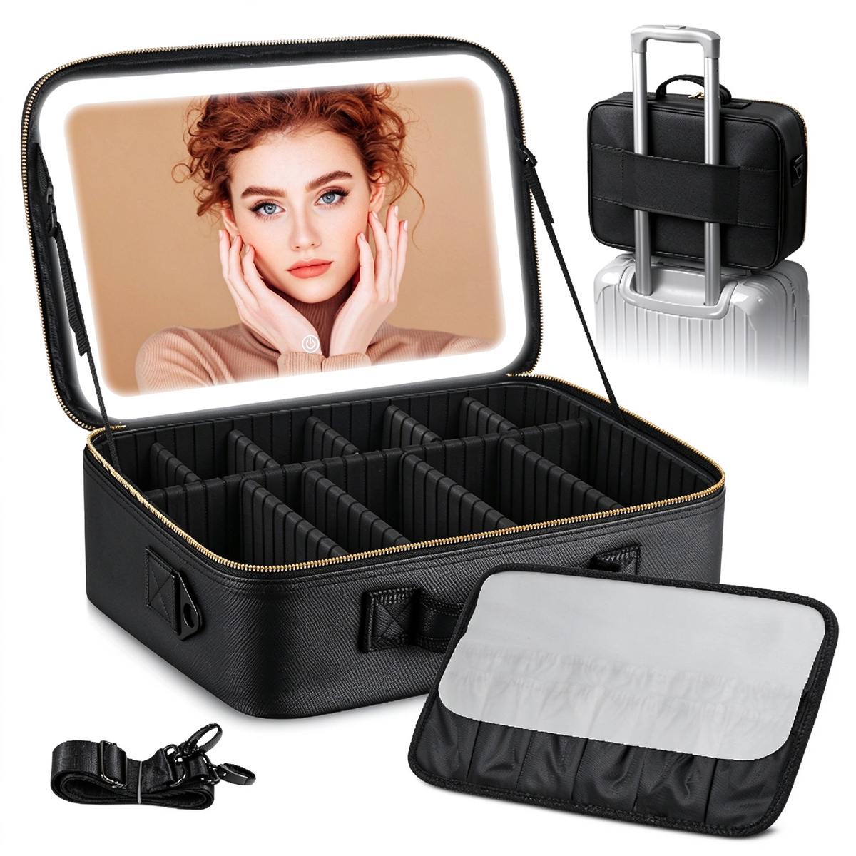 AEELLEEA Lighted Makeup Bag, 3 Color LED Mirror Train Case, Large Capacity Travel Makeup Organizer with Dividers, 15 x 11 x 5 Inch