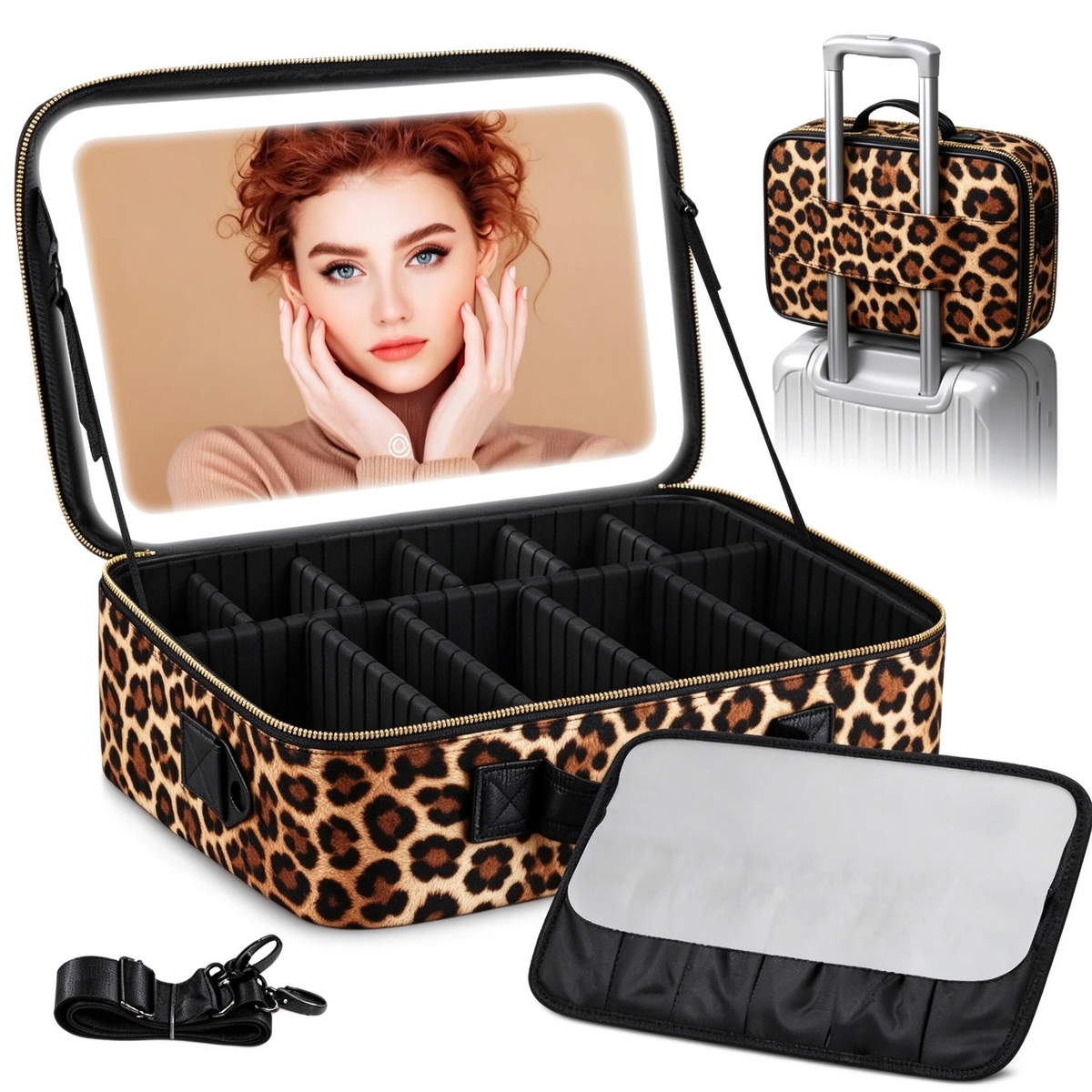 AEELLEEA Lighted Makeup Bag, 3 Color LED Mirror Train Case, Large Capacity Travel Makeup Organizer with Dividers, 15 x 11 x 5 Inch