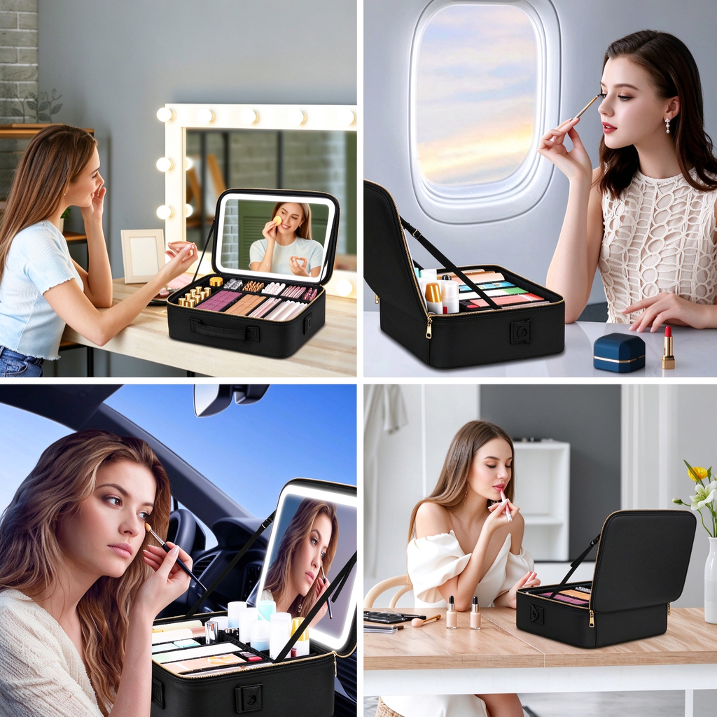 AEELLEEA Lighted Makeup Bag, 3 Color LED Mirror Train Case, Large Capacity Travel Makeup Organizer with Dividers, 15 x 11 x 5 Inch