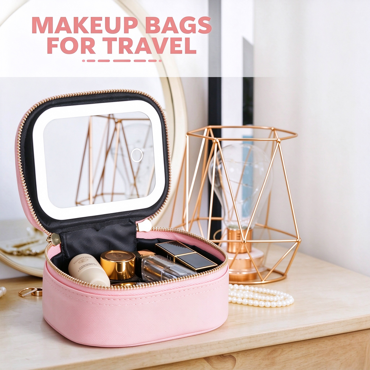 AEELLEEA Pink Makeup Bag with LED Lighted Mirror, Cosmetic Train Case, 3 Color Lights, Adjustable Dividers, 5X Magnifying Mirror