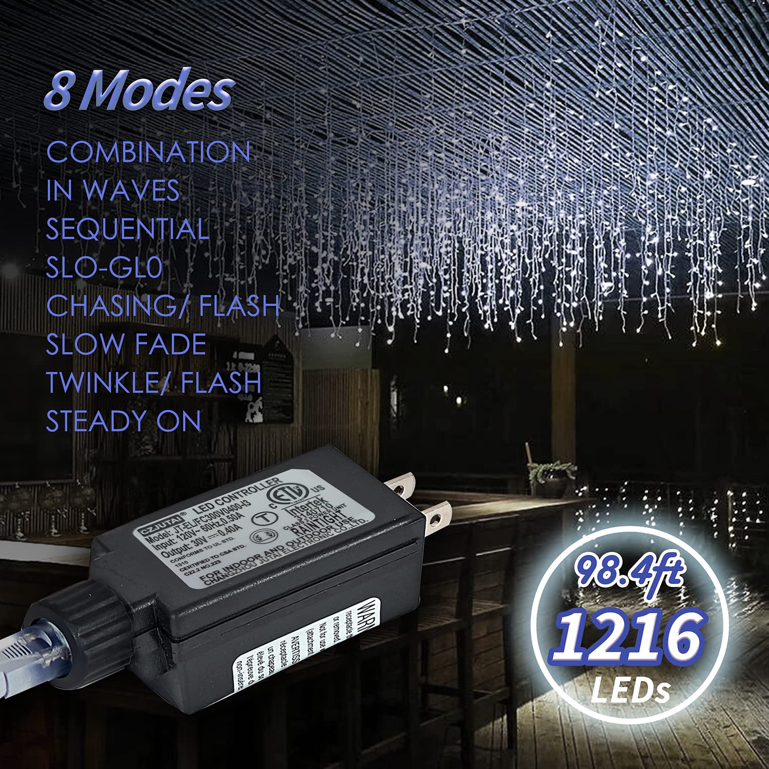 LED Icicle Lights, 98.4 ft 1216 LED 8 Modes Curtain Fairy String Lights, Warm White, Indoor Outdoor Decor for Christmas Halloween Thanksgiving Easter Wedding Party Gazebo-WHITE