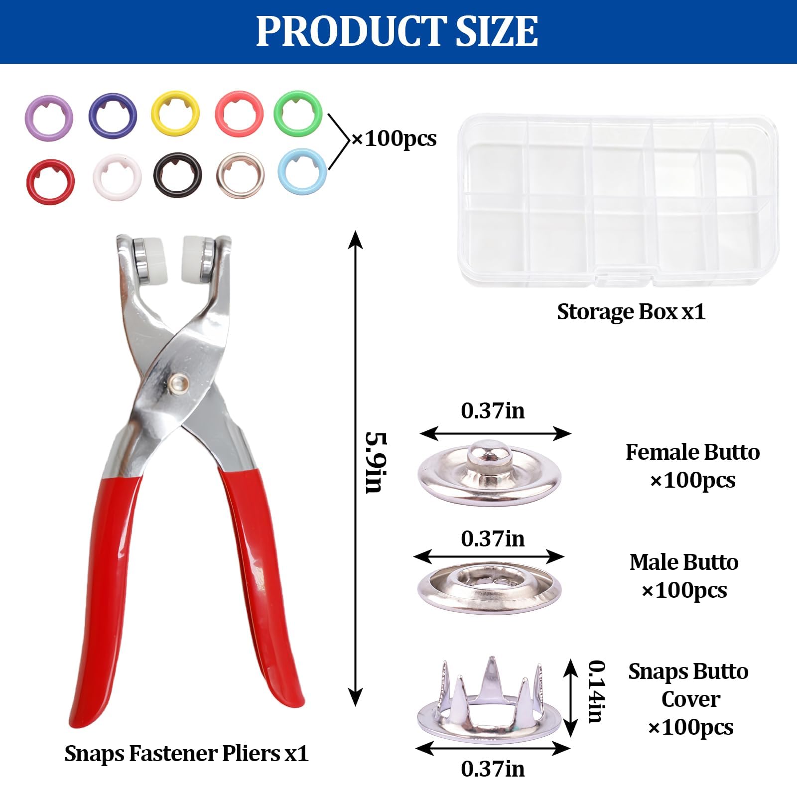 100 Sets Metal Snap Button Kit, 10 Colors 9.5mm Snap Fasteners Buttons with Installation Pliers & Storage Box, Multicolor Press Snap Buttons Tool Kit for DIY Clothing Repair Sewing Crafts Making