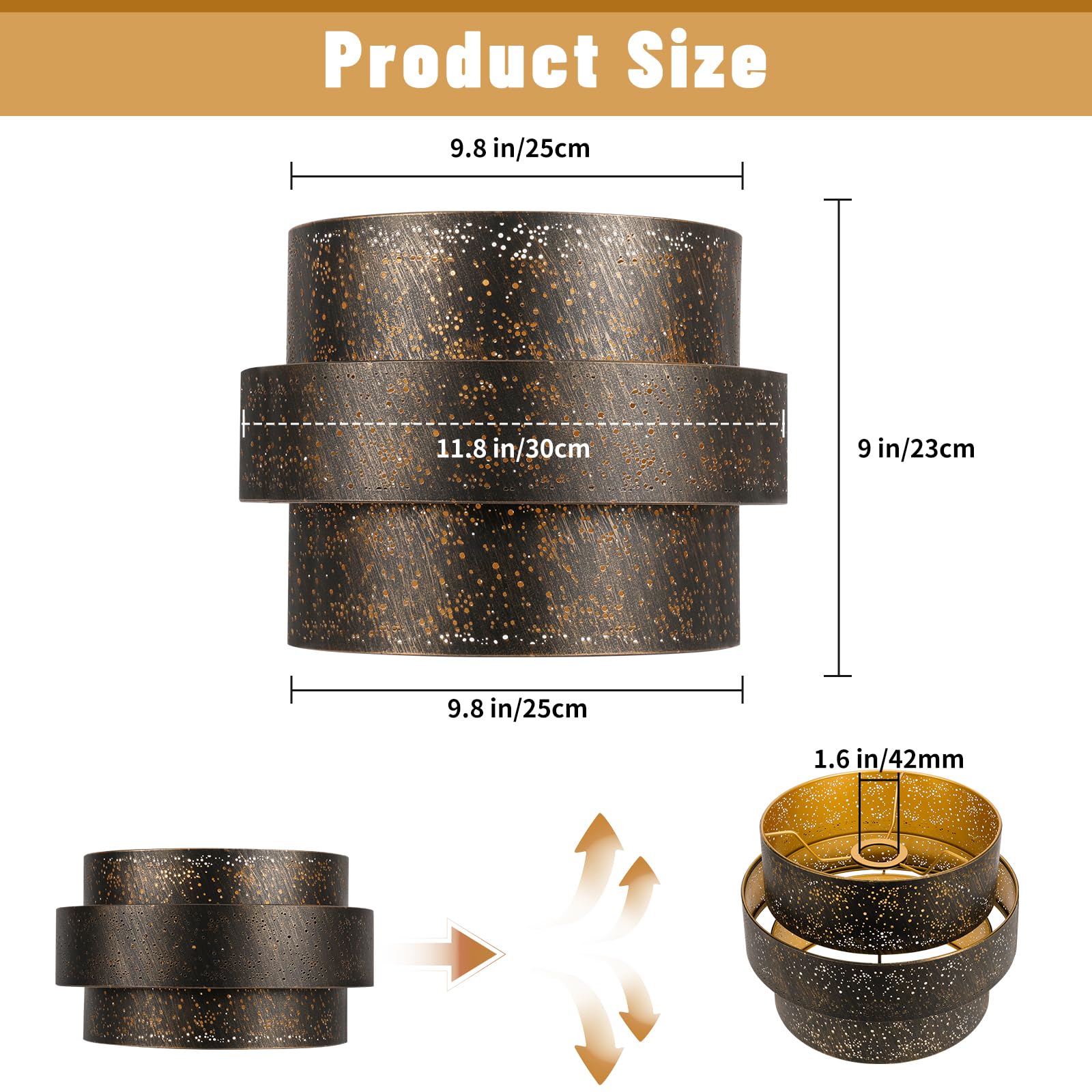 3-Tier Drum Lampshade | Antique Bronze Gold with Stars