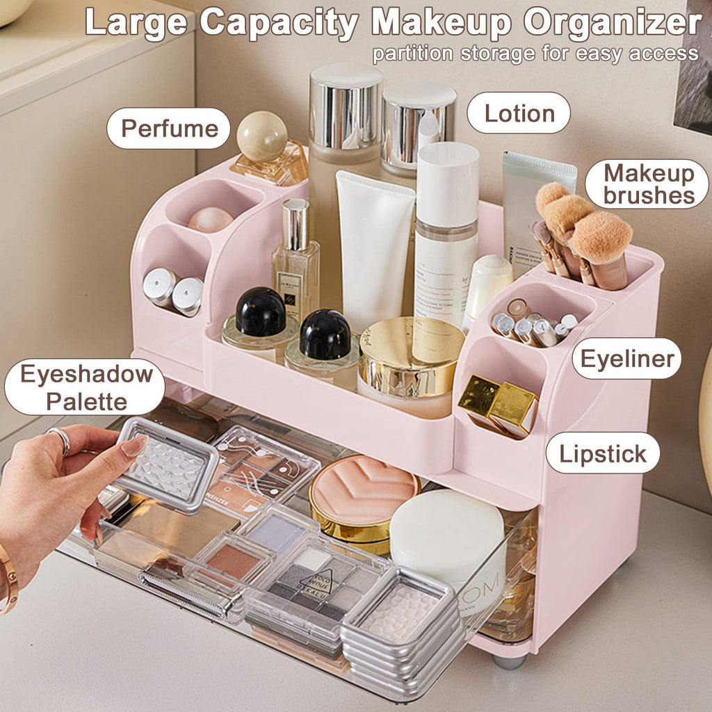 Makeup Organizer for Vanity with Brush Holder, Large Bathroom Countertop Cosmetic Organizer Skin Care Storage, Easy to Store Lipsticks, Nail Polishes, Perfumes, Eyeshadow Palettes, Pink
