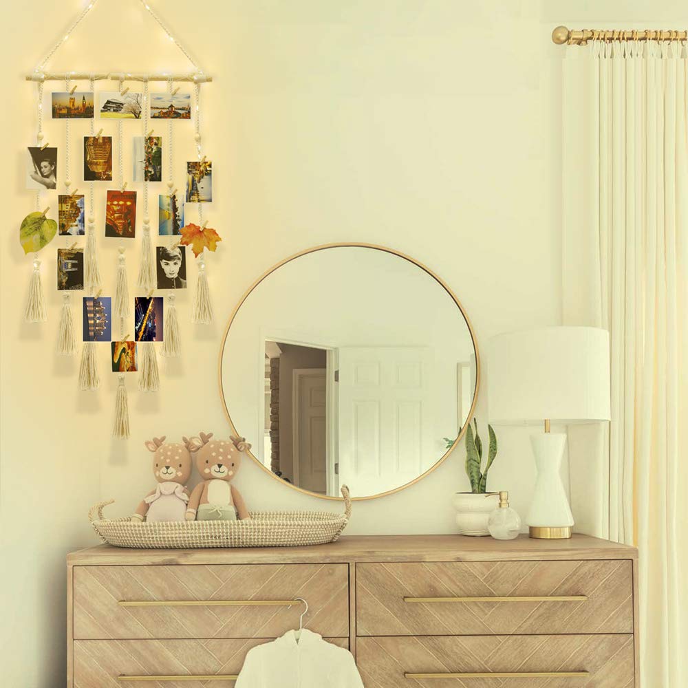 Hanging Photo Display Wall Decor, Macrame Wall Hanging Boho Room Bedroom Decor, Picture Frame Collage Board with Light 30 Clip