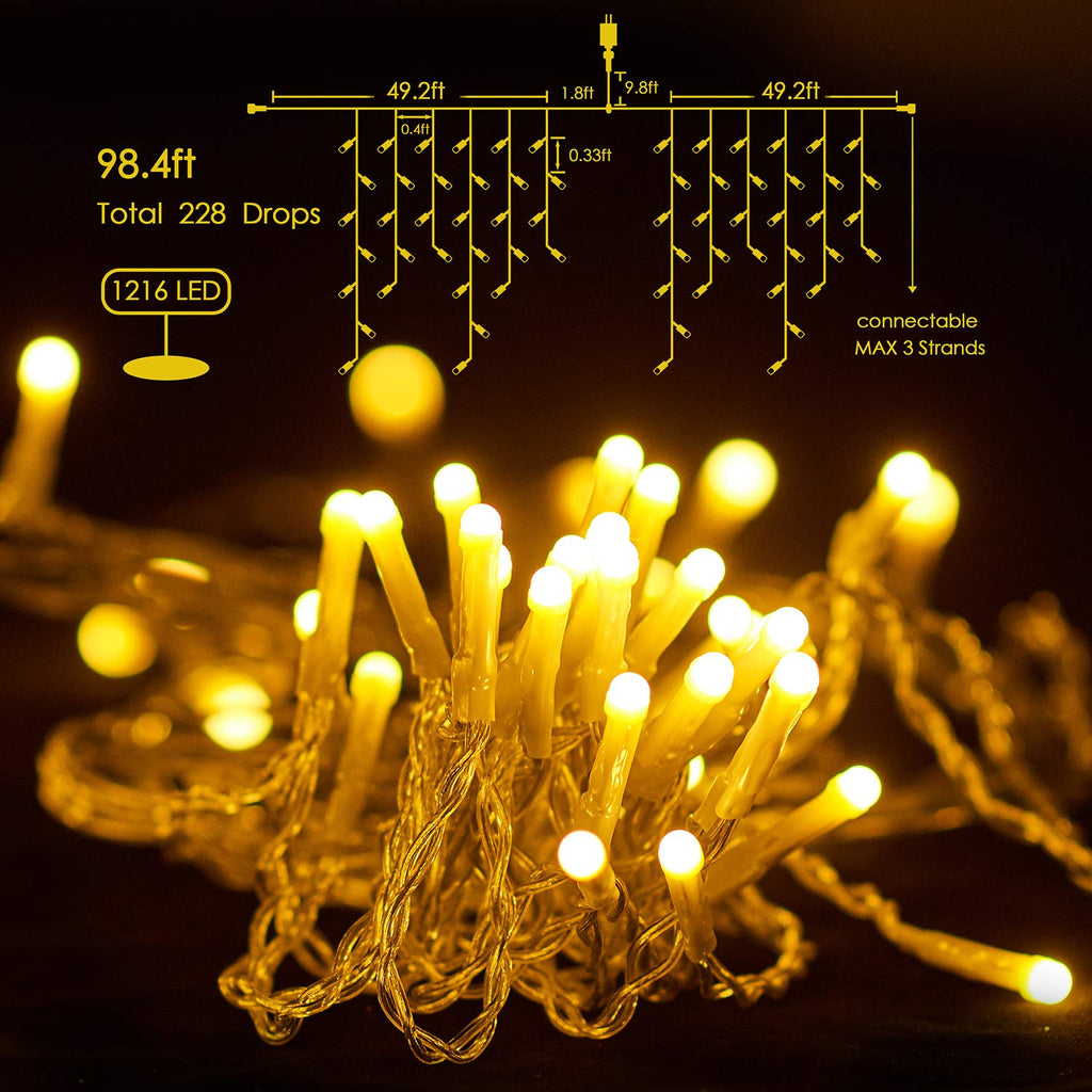 LED Icicle Lights, 98.4 ft 1216 LED 8 Modes Curtain Fairy String Lights, Warm White, Indoor Outdoor Decor for Christmas Halloween Thanksgiving Easter Wedding Party Gazebo