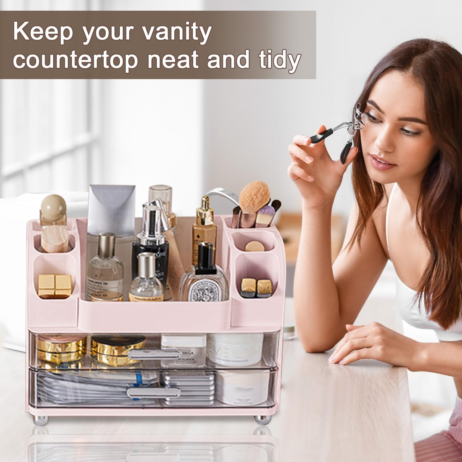 Makeup Organizer for Vanity with Brush Holder, Large Bathroom Countertop Cosmetic Organizer Skin Care Storage, Easy to Store Lipsticks, Nail Polishes, Perfumes, Eyeshadow Palettes, Pink