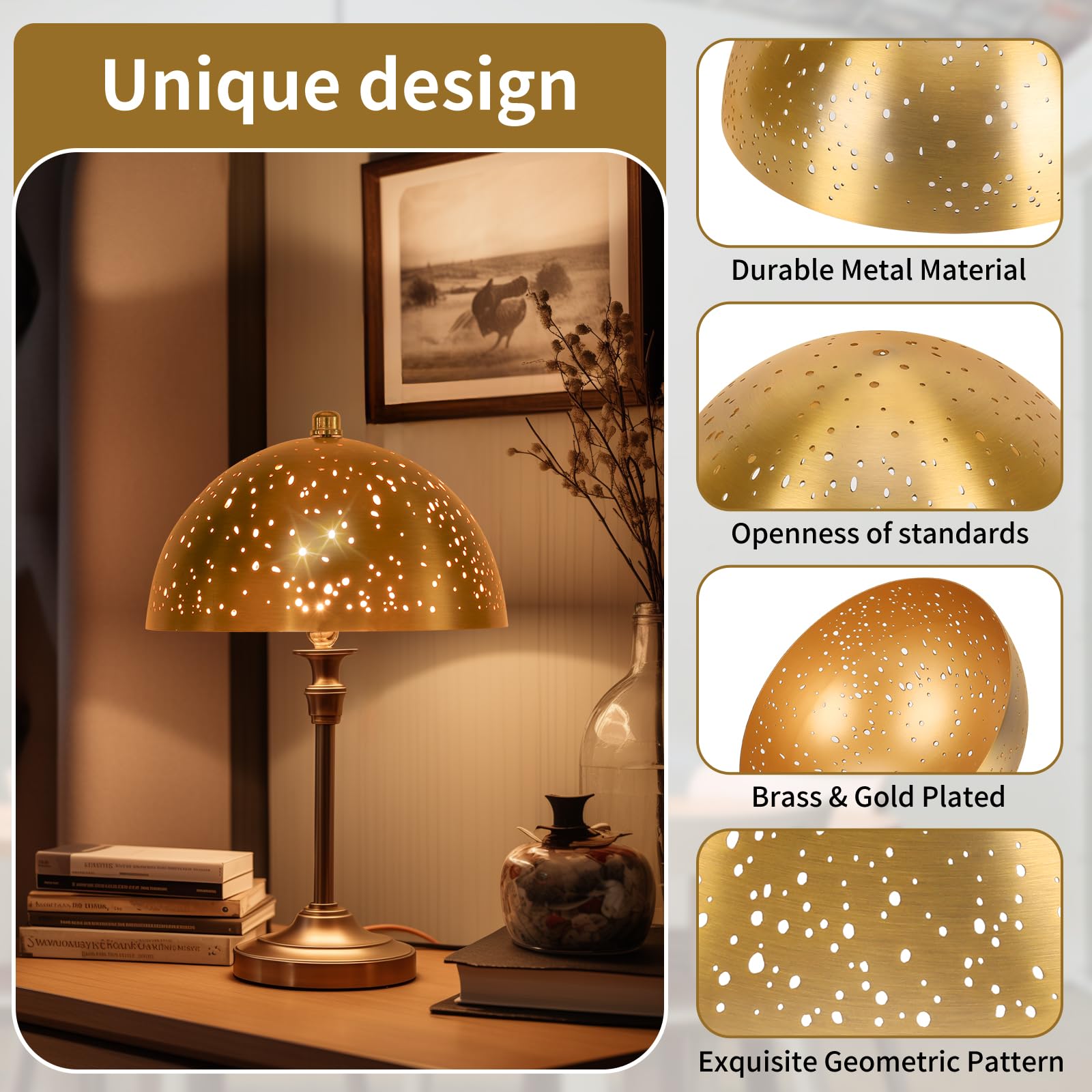 Clip-On Dome Lamp Shade | Hollowed Gold Design