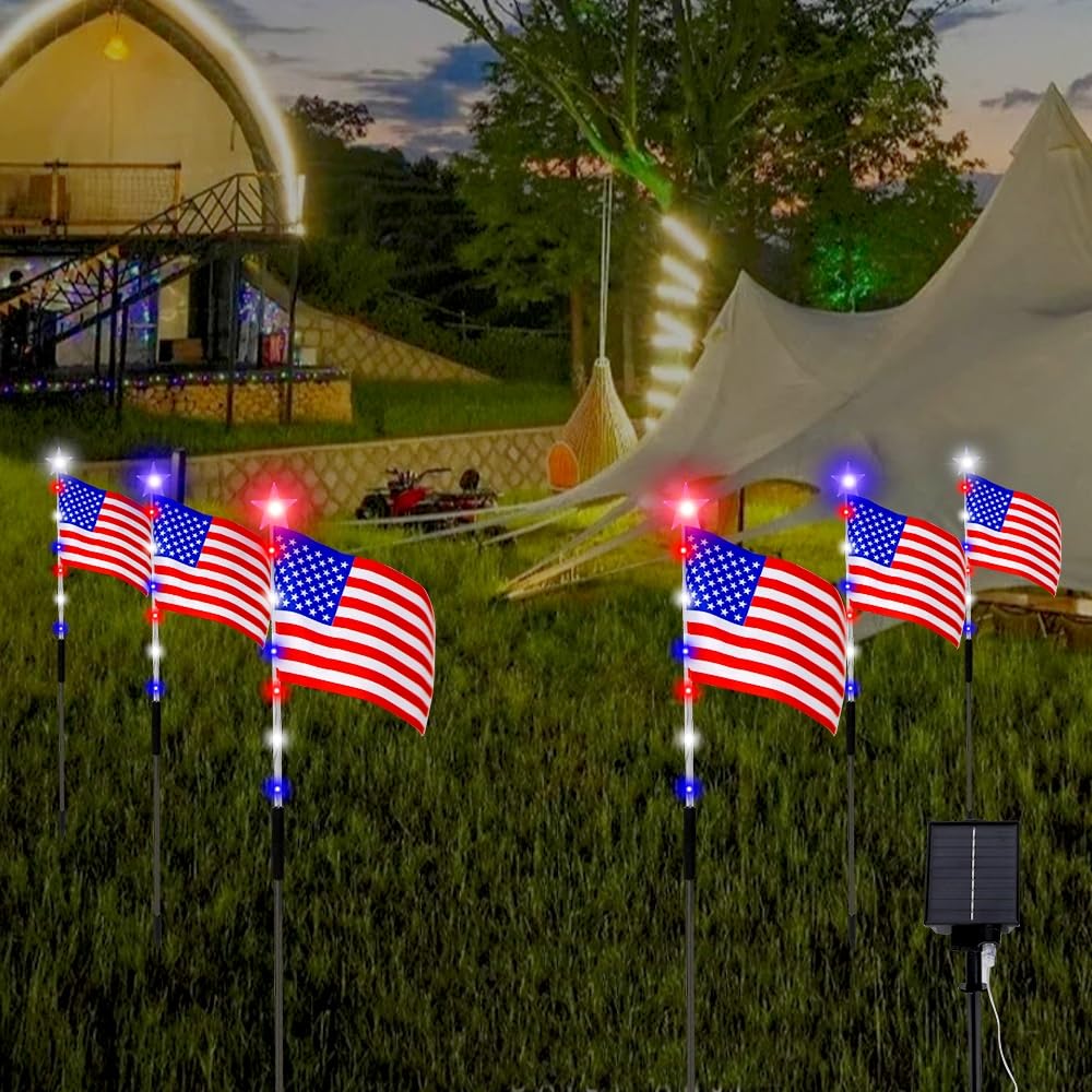 6 Pack American Flag Pathway Decorations, Red White and Blue 4th of July Decor for Memorial Day, Independence Day Garden Yard Walkway