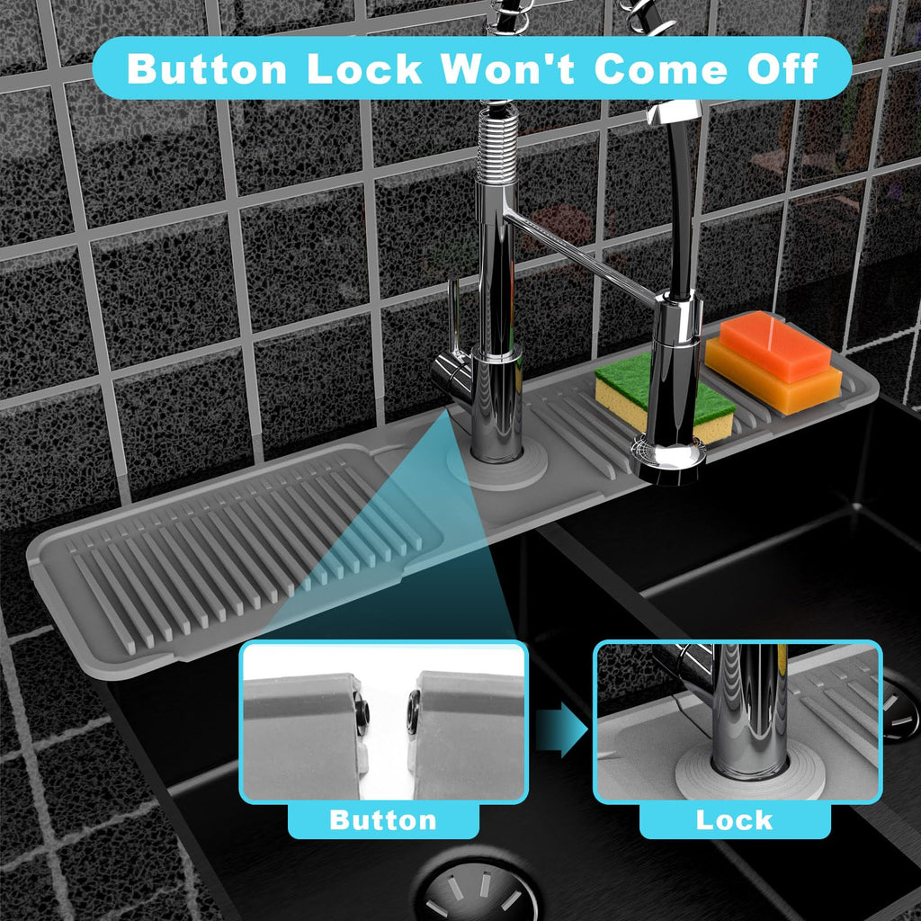 Folding Kitchen Sink Splash Guard Behind Faucet, Adjustable Silicone Sink Faucet Mat, 5°Slope Quick Draining Drip Catcher Tray with Button Lock & Foldable Width, Universal Fit for Kitchen Bathroom RV Sink Accessories