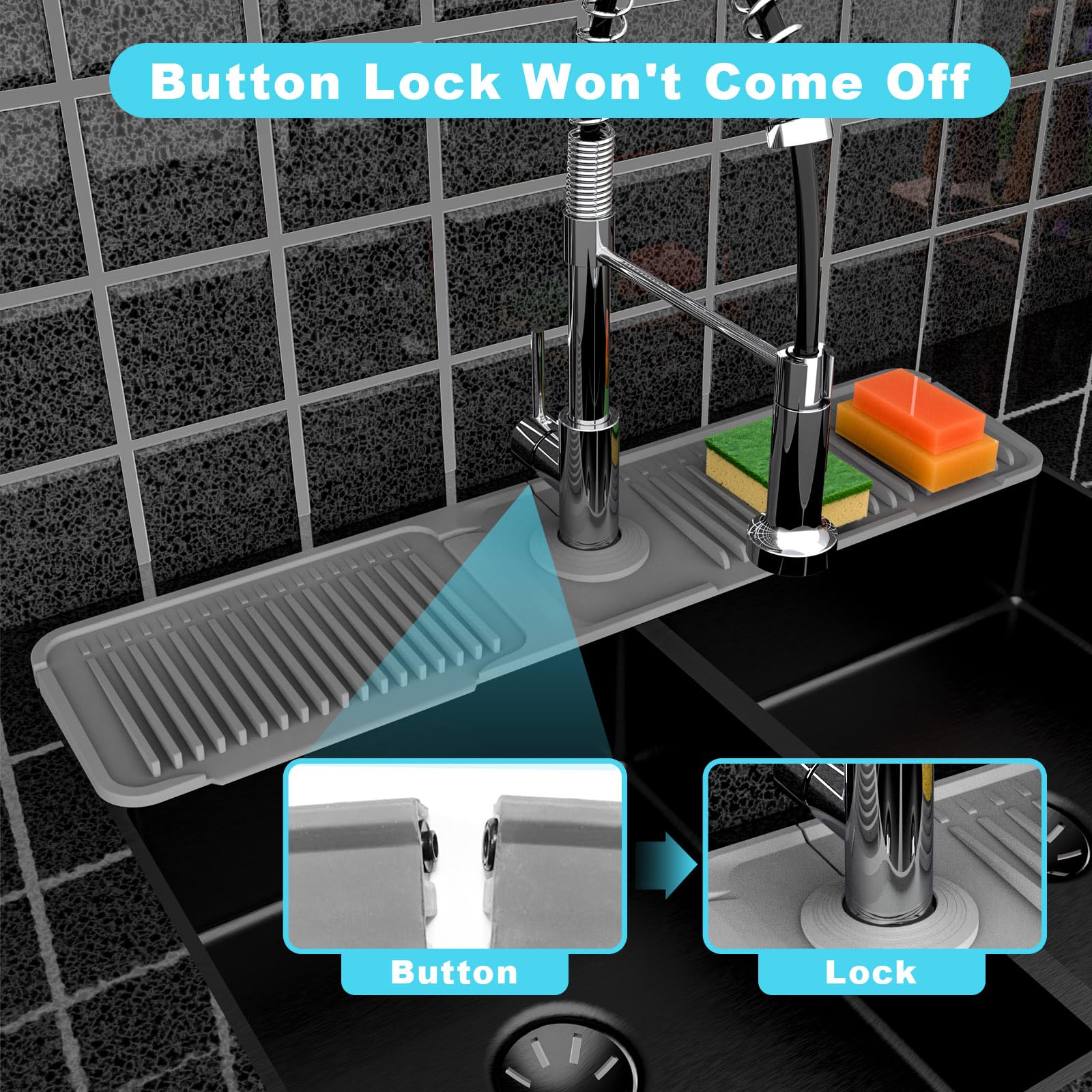 Folding Kitchen Sink Splash Guard Behind Faucet, Adjustable Silicone Sink Faucet Mat, 5°Slope Quick Draining Drip Catcher Tray with Button Lock & Foldable Width, Universal Fit for Kitchen Bathroom RV Sink Accessories