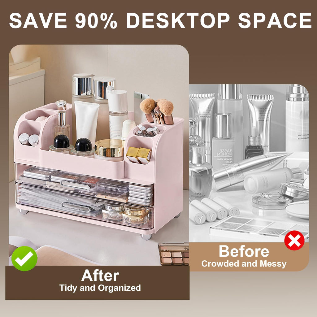 Makeup Organizer for Vanity with Brush Holder, Large Bathroom Countertop Cosmetic Organizer Skin Care Storage, Easy to Store Lipsticks, Nail Polishes, Perfumes, Eyeshadow Palettes, Pink