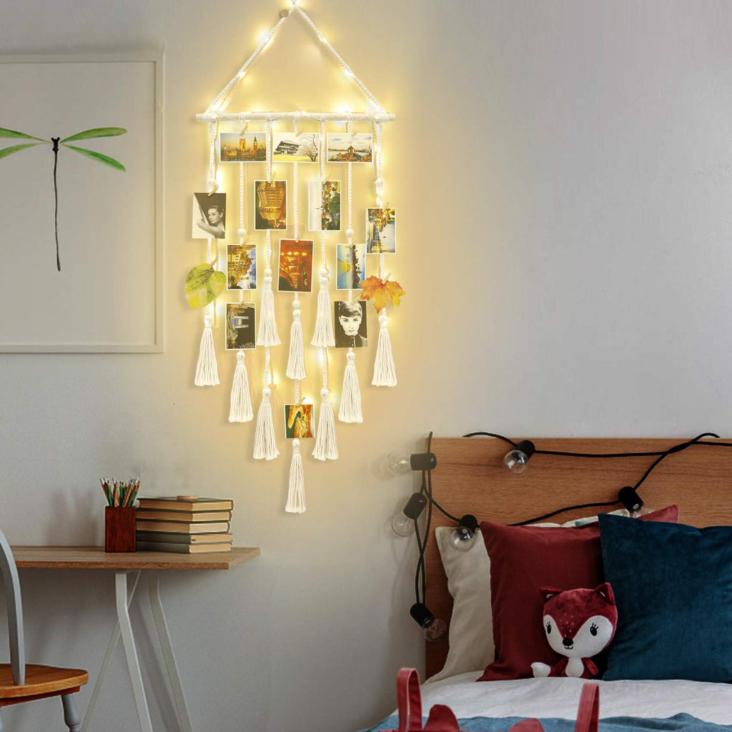 Hanging Photo Display Wall Decor, Macrame Wall Hanging Boho Room Bedroom Decor, Picture Frame Collage Board with Light 30 Clip