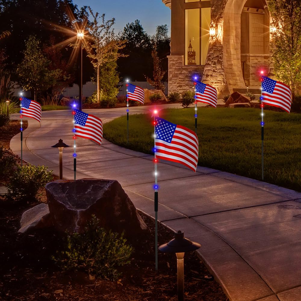 6 Pack American Flag Pathway Decorations, Red White and Blue 4th of July Decor for Memorial Day, Independence Day Garden Yard Walkway
