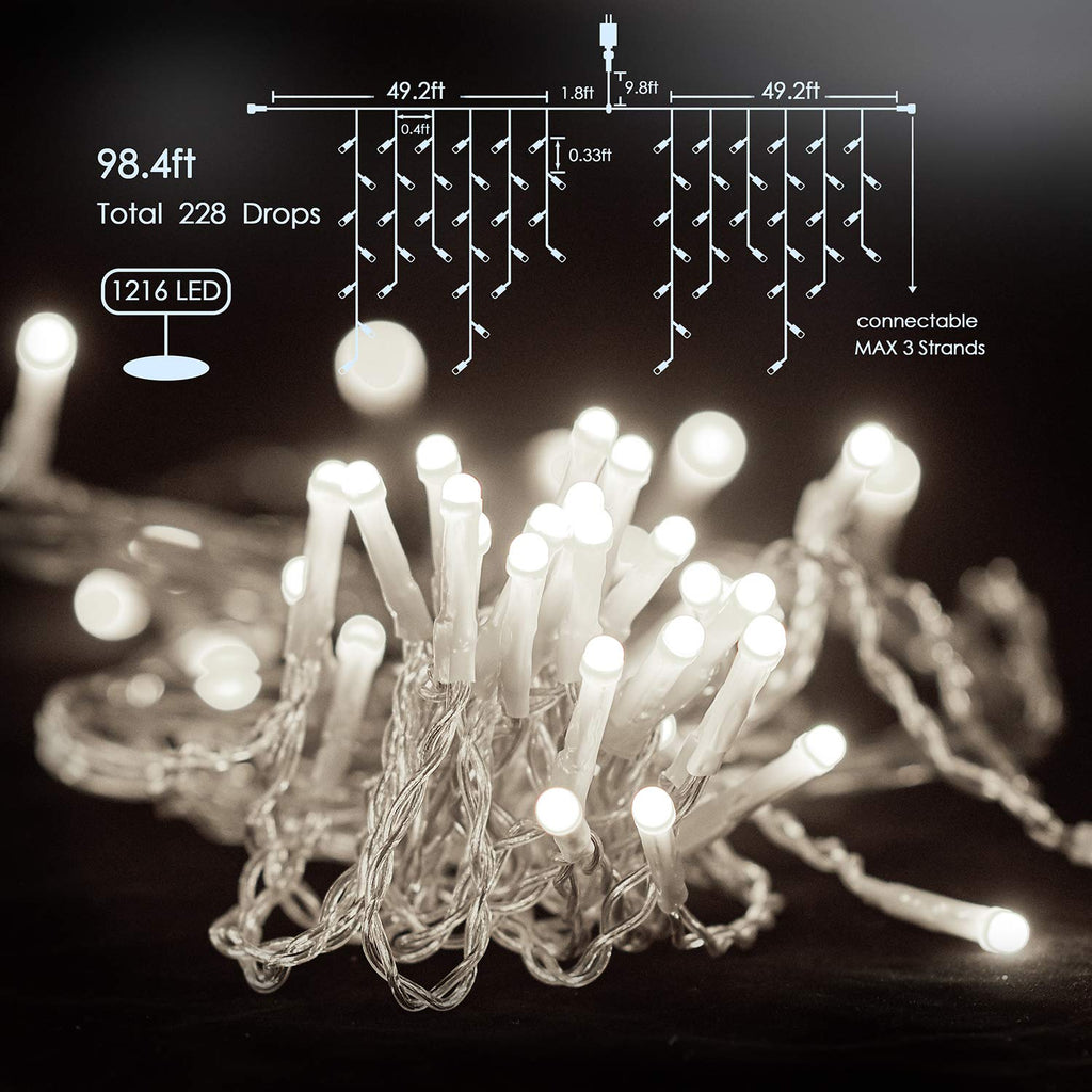 LED Icicle Lights, 98.4 ft 1216 LED 8 Modes Curtain Fairy String Lights, Warm White, Indoor Outdoor Decor for Christmas Halloween Thanksgiving Easter Wedding Party Gazebo-WHITE