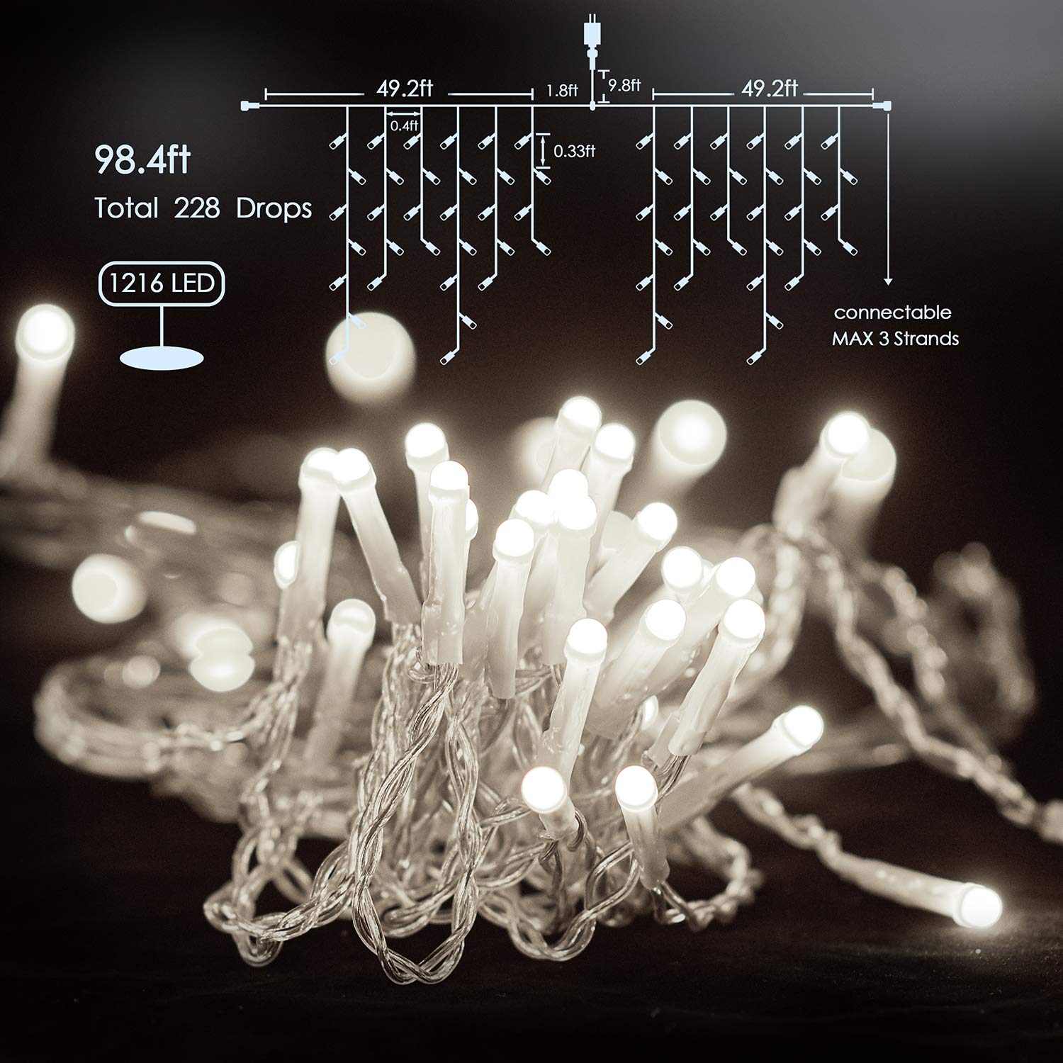 LED Icicle Lights, 98.4 ft 1216 LED 8 Modes Curtain Fairy String Lights, Warm White, Indoor Outdoor Decor for Christmas Halloween Thanksgiving Easter Wedding Party Gazebo-WHITE