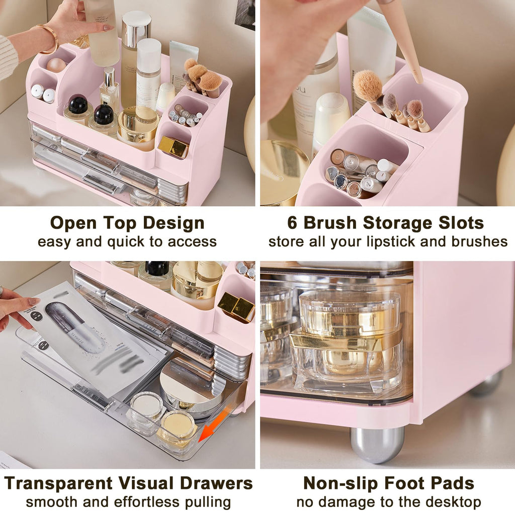 Makeup Organizer for Vanity with Brush Holder, Large Bathroom Countertop Cosmetic Organizer Skin Care Storage, Easy to Store Lipsticks, Nail Polishes, Perfumes, Eyeshadow Palettes, Pink