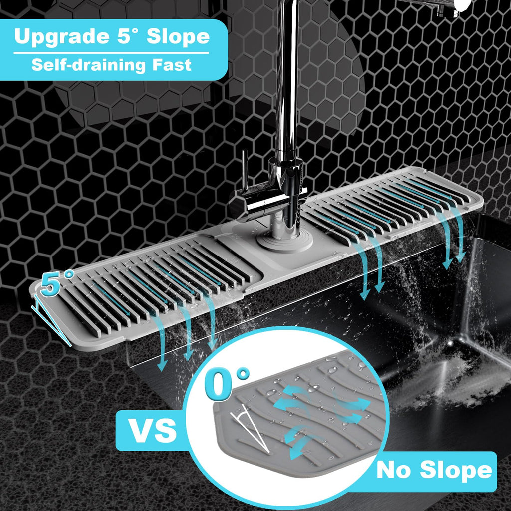 Folding Kitchen Sink Splash Guard Behind Faucet, Adjustable Silicone Sink Faucet Mat, 5°Slope Quick Draining Drip Catcher Tray with Button Lock & Foldable Width, Universal Fit for Kitchen Bathroom RV Sink Accessories