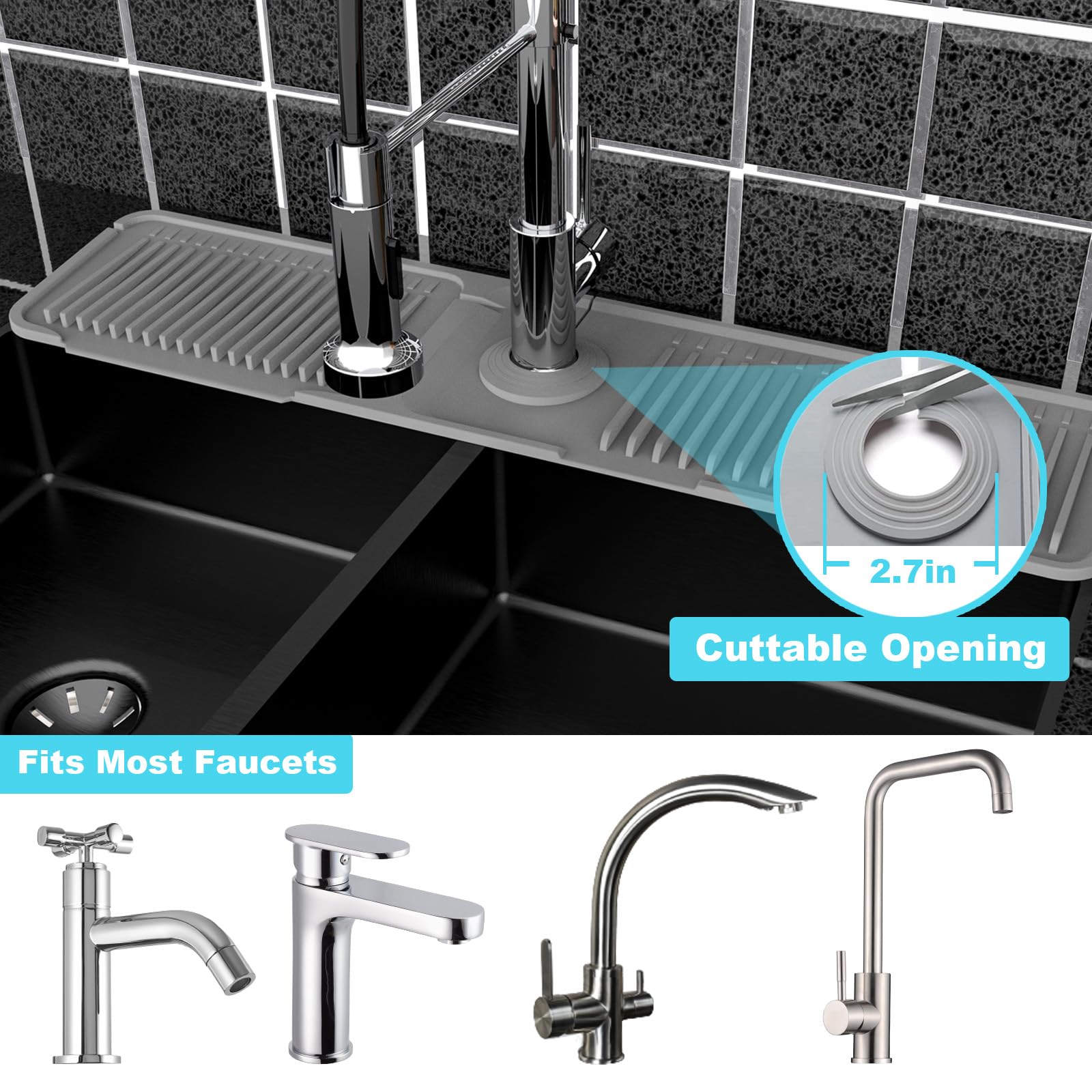 Folding Kitchen Sink Splash Guard Behind Faucet, Adjustable Silicone Sink Faucet Mat, 5°Slope Quick Draining Drip Catcher Tray with Button Lock & Foldable Width, Universal Fit for Kitchen Bathroom RV Sink Accessories