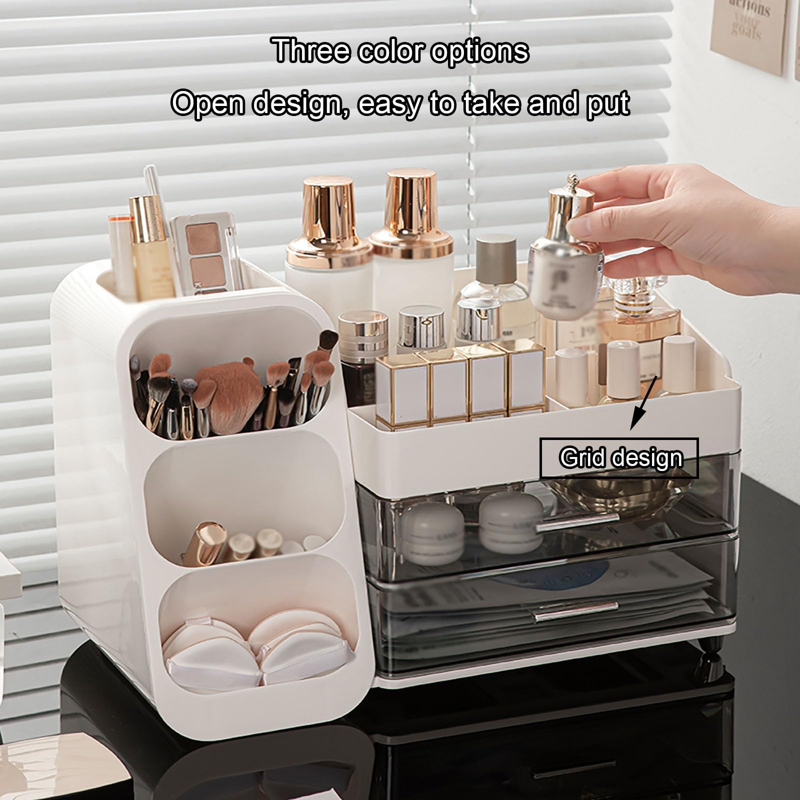 AEELLEEA Large Capacity Makeup Organizer for Vanity, Bathroom Countertop Cosmetic Organizer with Makeup Brush Holder, Skincare & Perfume Storage, Thickened Material