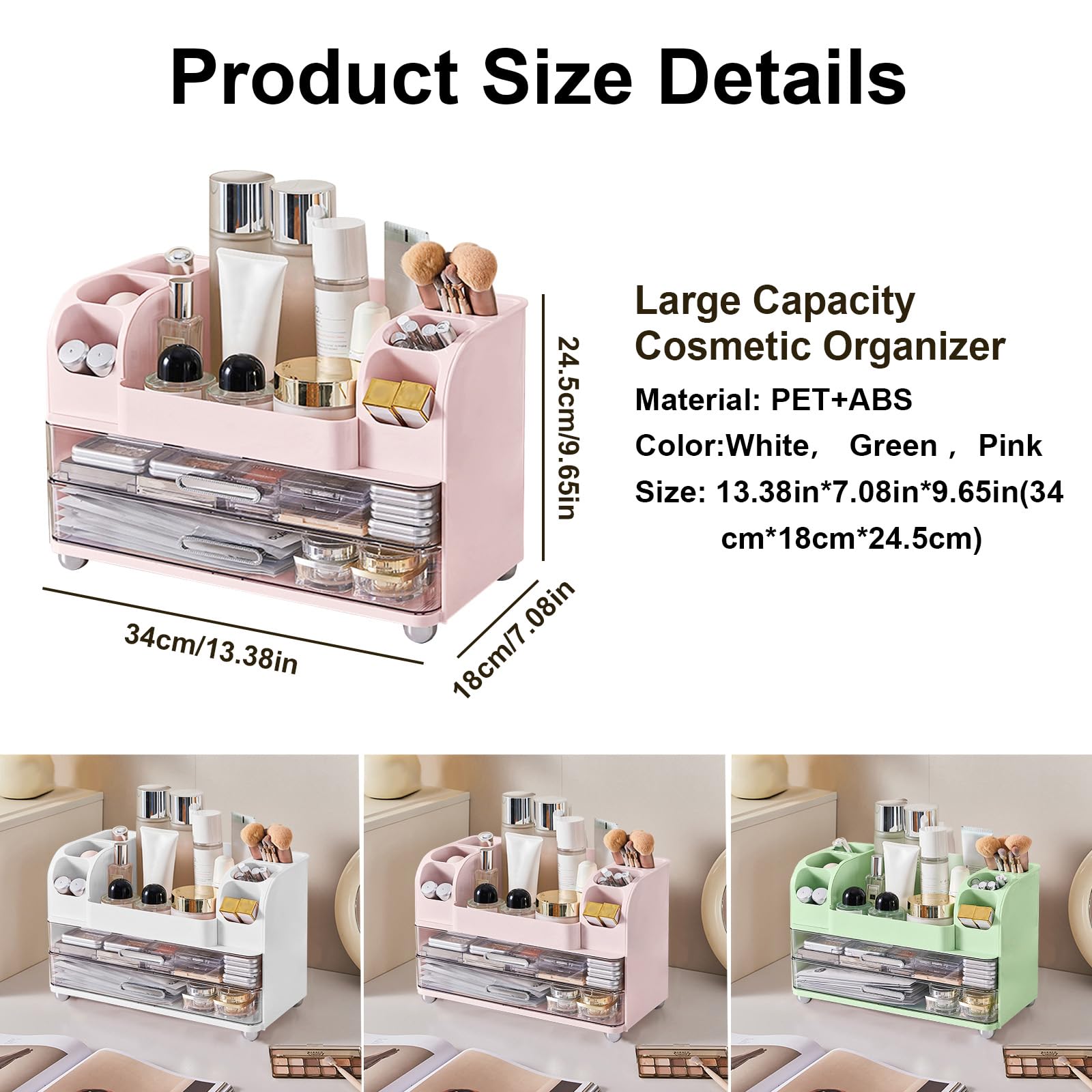 Makeup Organizer for Vanity with Brush Holder, Large Bathroom Countertop Cosmetic Organizer Skin Care Storage, Easy to Store Lipsticks, Nail Polishes, Perfumes, Eyeshadow Palettes, Pink