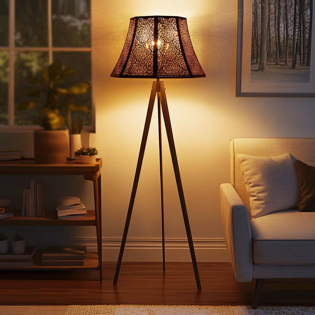 Octagonal Metal Lampshade | Etched Chrysanthemum Design