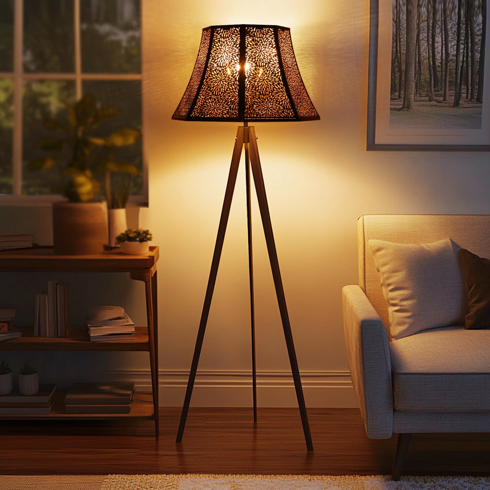 Octagonal Metal Lampshade | Etched Chrysanthemum Design