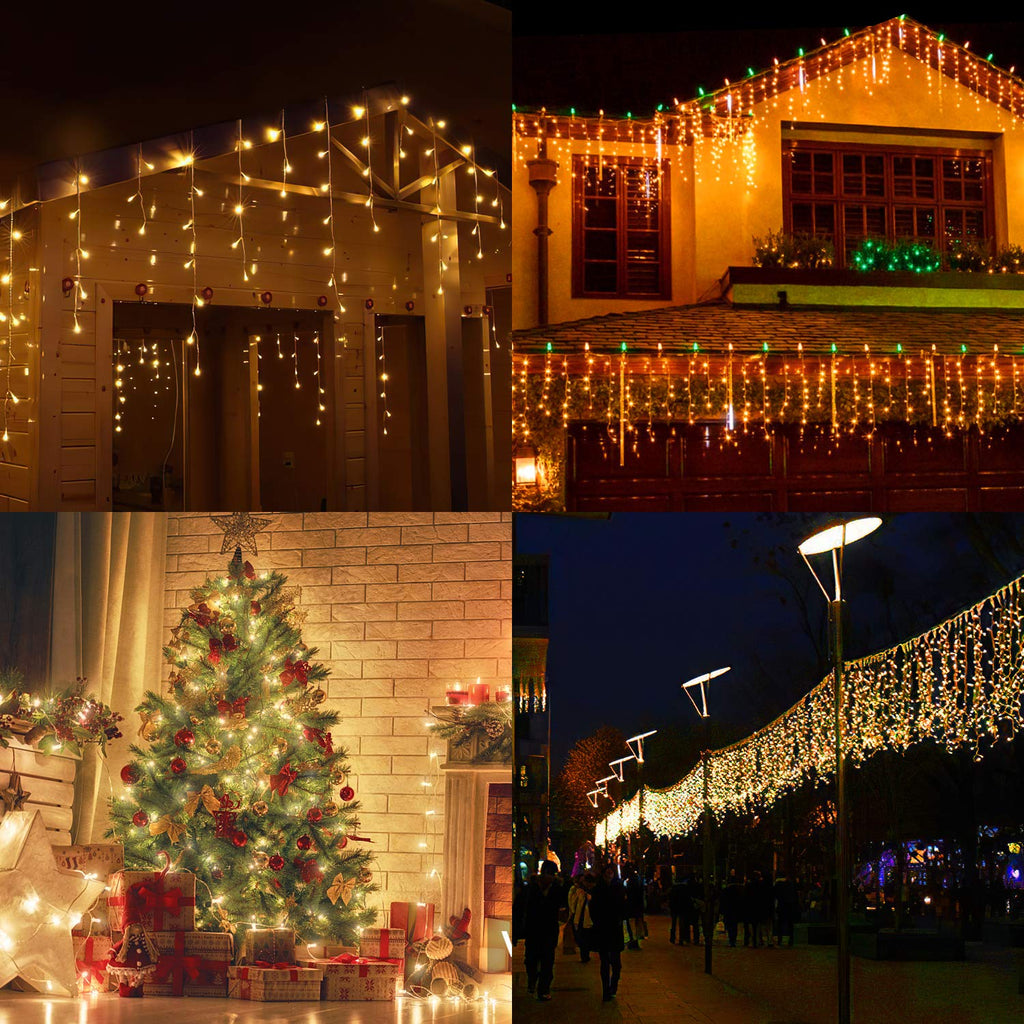 LED Icicle Lights, 98.4 ft 1216 LED 8 Modes Curtain Fairy String Lights, Warm White, Indoor Outdoor Decor for Christmas Halloween Thanksgiving Easter Wedding Party Gazebo