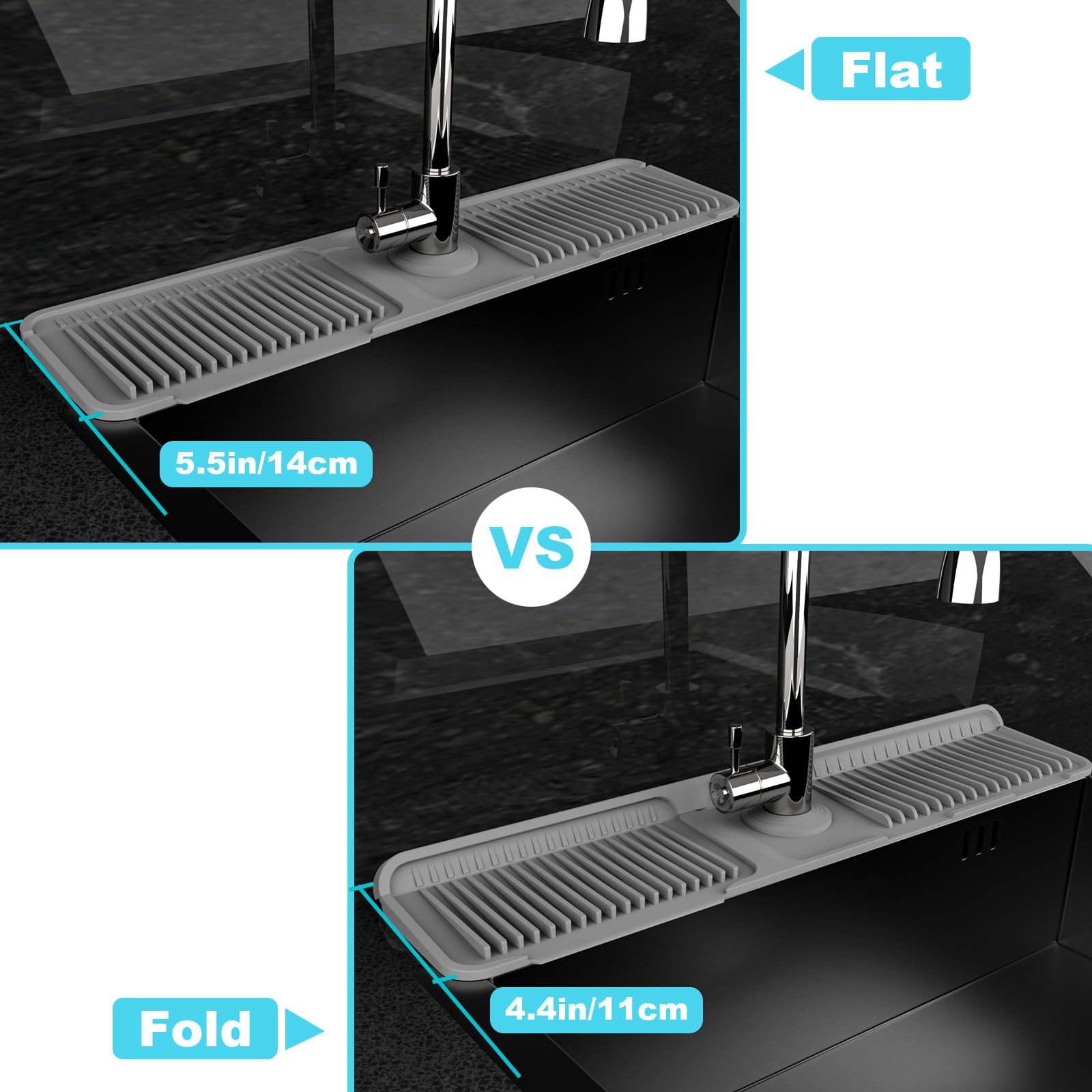 Folding Kitchen Sink Splash Guard Behind Faucet, Adjustable Silicone Sink Faucet Mat, 5°Slope Quick Draining Drip Catcher Tray with Button Lock & Foldable Width, Universal Fit for Kitchen Bathroom RV Sink Accessories