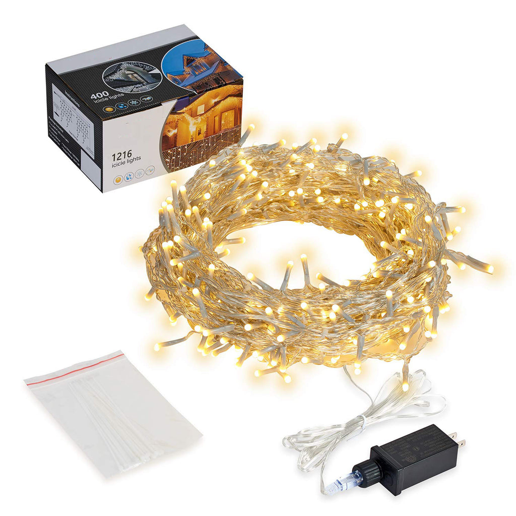 LED Icicle Lights, 98.4 ft 1216 LED 8 Modes Curtain Fairy String Lights, Warm White, Indoor Outdoor Decor for Christmas Halloween Thanksgiving Easter Wedding Party Gazebo