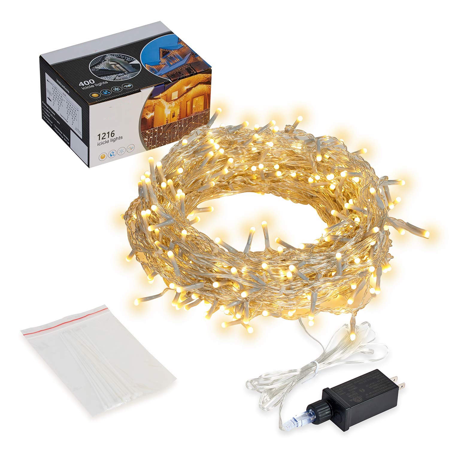 LED Icicle Lights, 98.4 ft 1216 LED 8 Modes Curtain Fairy String Lights, Warm White, Indoor Outdoor Decor for Christmas Halloween Thanksgiving Easter Wedding Party Gazebo