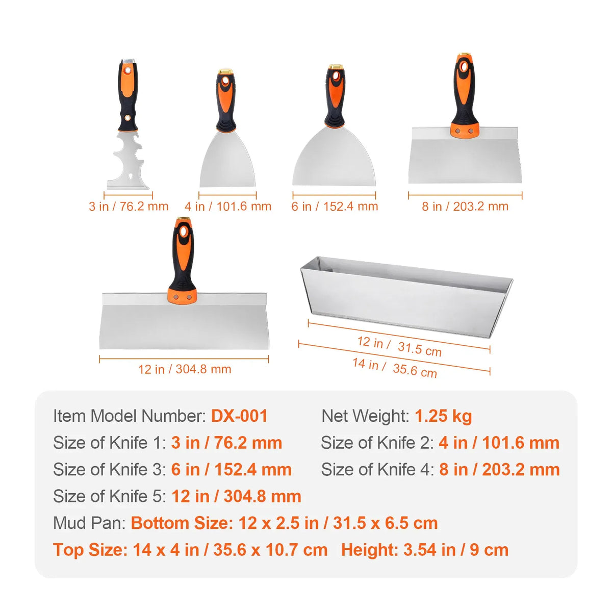 AEELLEEA Drywall Knife Set 6 Pack, 3in 4in 6in 8in 12in Putty Taping Knives with 14in Mud Pan, Multifunctional Painter Scraper for Wall Repair