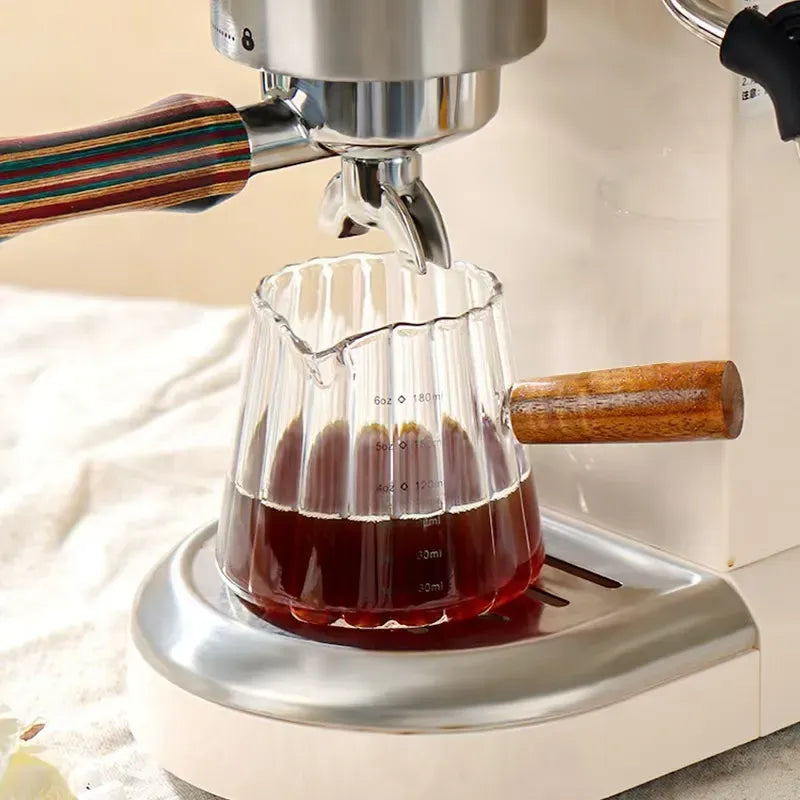 AEELLEEA 6oz 180ml Ribbed Glass Coffee Measuring Pitcher, Wooden Handle Clear Espresso Milk Cup with Scale for Barista Home Coffee Making