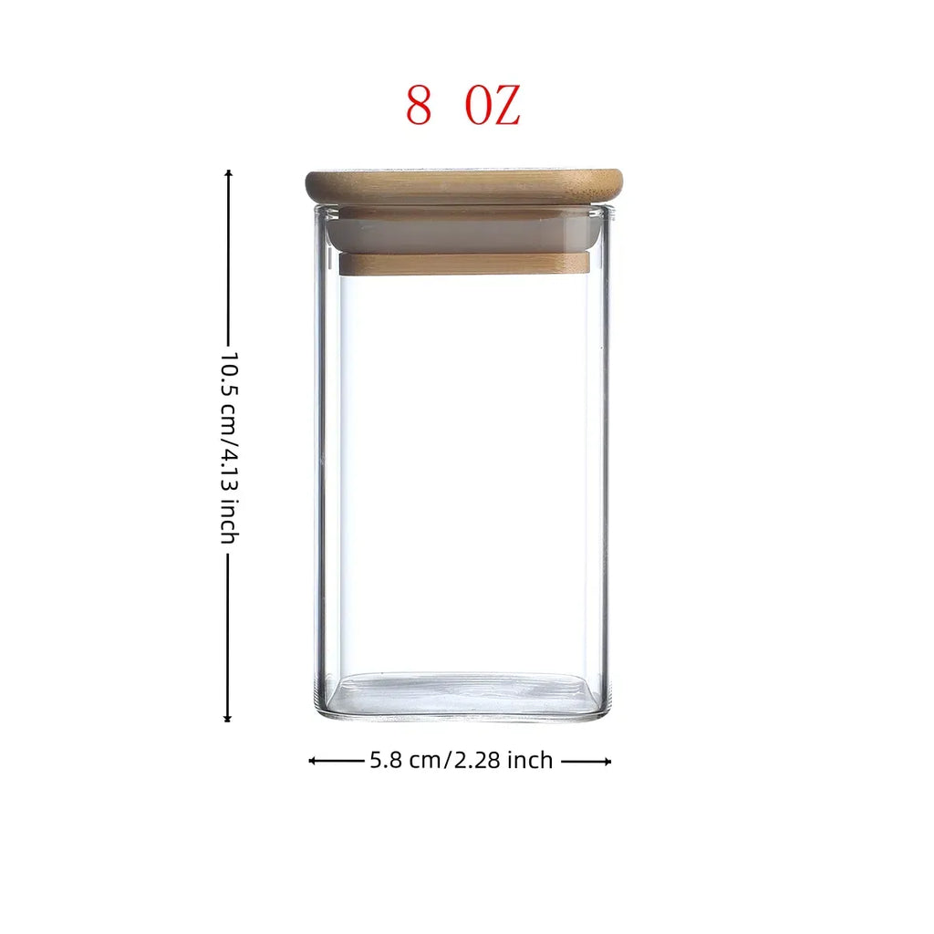 AEELLEEA 8oz Square Glass Spice Jars, Airtight Bamboo Lid Seasoning Containers with Preprinted Labels for Kitchen Storage
