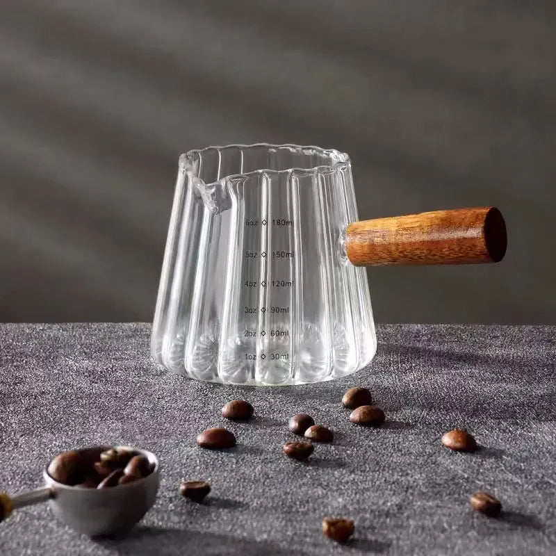 AEELLEEA 6oz 180ml Ribbed Glass Coffee Measuring Pitcher, Wooden Handle Clear Espresso Milk Cup with Scale for Barista Home Coffee Making