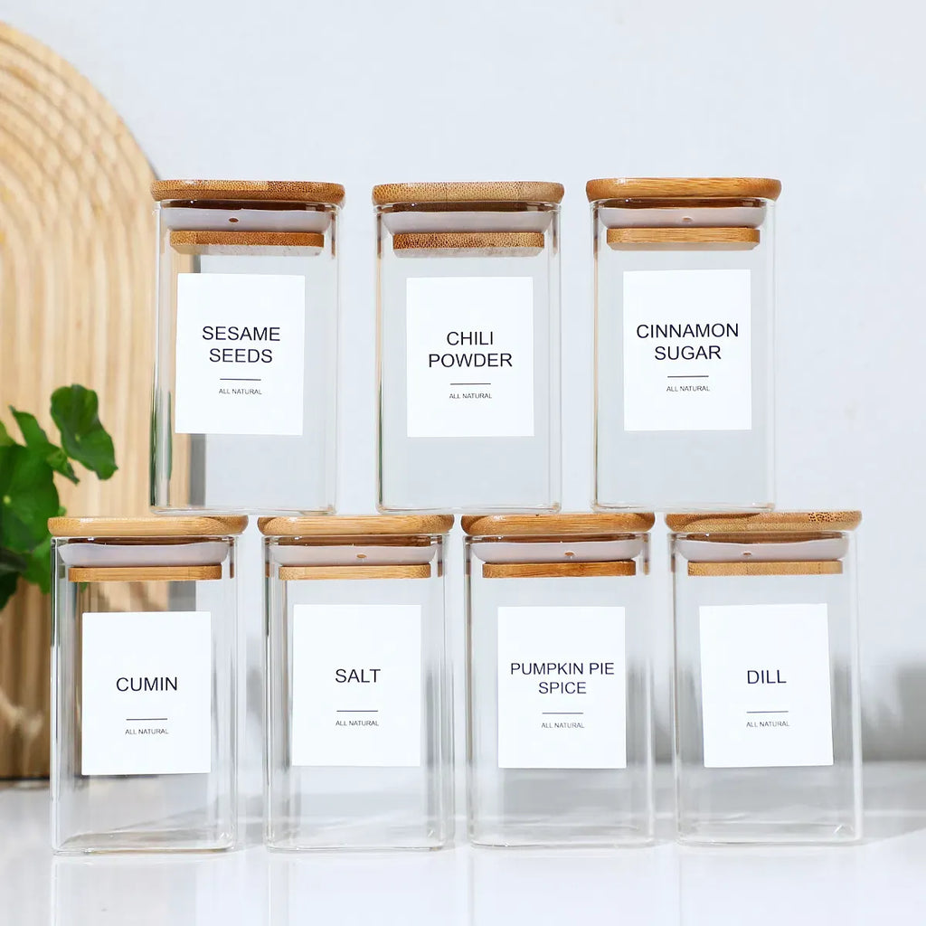 AEELLEEA 8oz Square Glass Spice Jars, Airtight Bamboo Lid Seasoning Containers with Preprinted Labels for Kitchen Storage