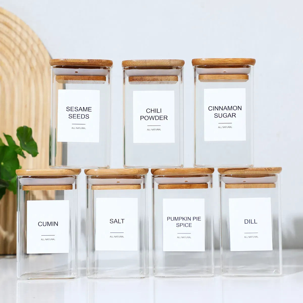 AEELLEEA 8oz Square Glass Spice Jars, Airtight Bamboo Lid Seasoning Containers with Preprinted Labels for Kitchen Storage