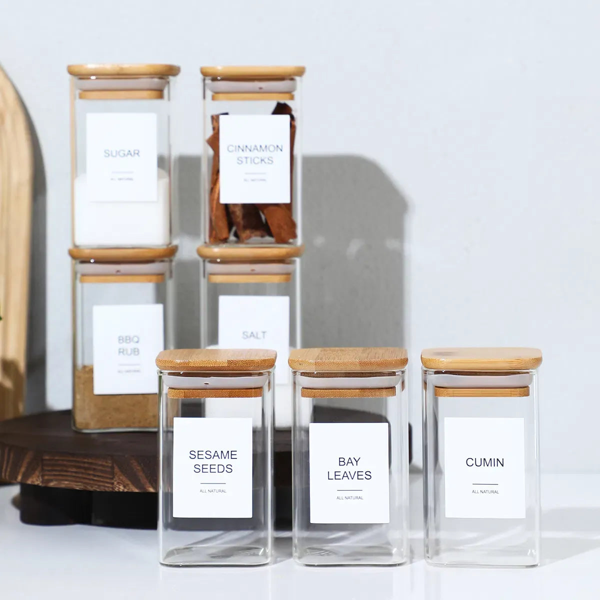 AEELLEEA 8oz Square Glass Spice Jars, Airtight Bamboo Lid Seasoning Containers with Preprinted Labels for Kitchen Storage
