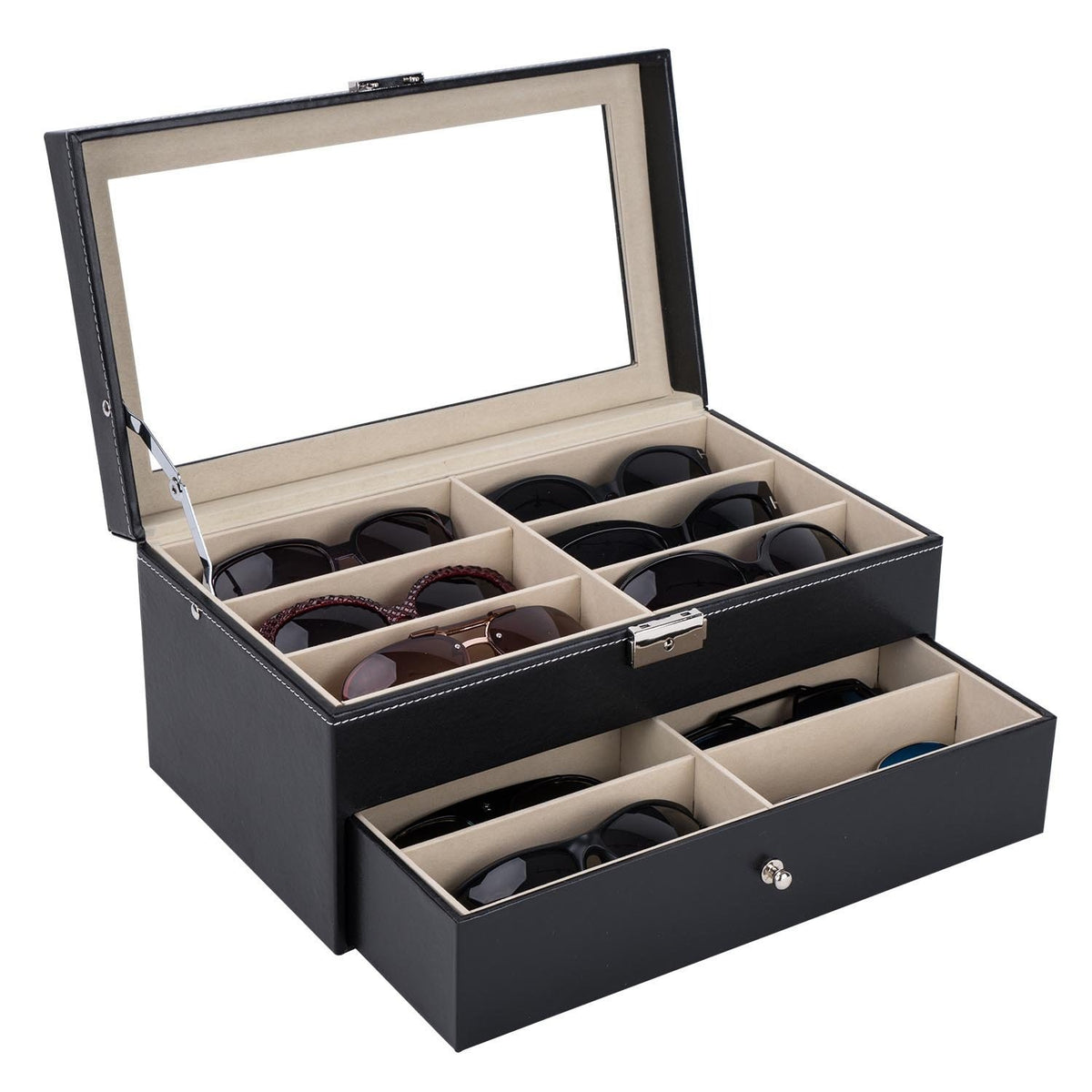 AEELLEEA Glasses Display Box with Lock, 2-Tier Sunglasses Jewelry Organizer with Clear Glass Top, PU Leather Eyeglasses Storage Case, Black
