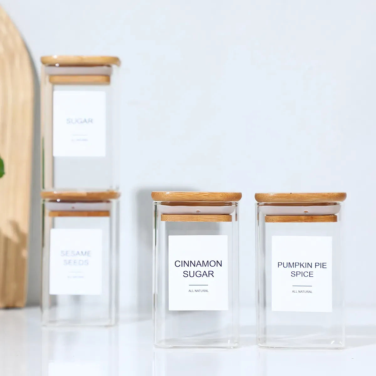 AEELLEEA 8oz Square Glass Spice Jars, Airtight Bamboo Lid Seasoning Containers with Preprinted Labels for Kitchen Storage