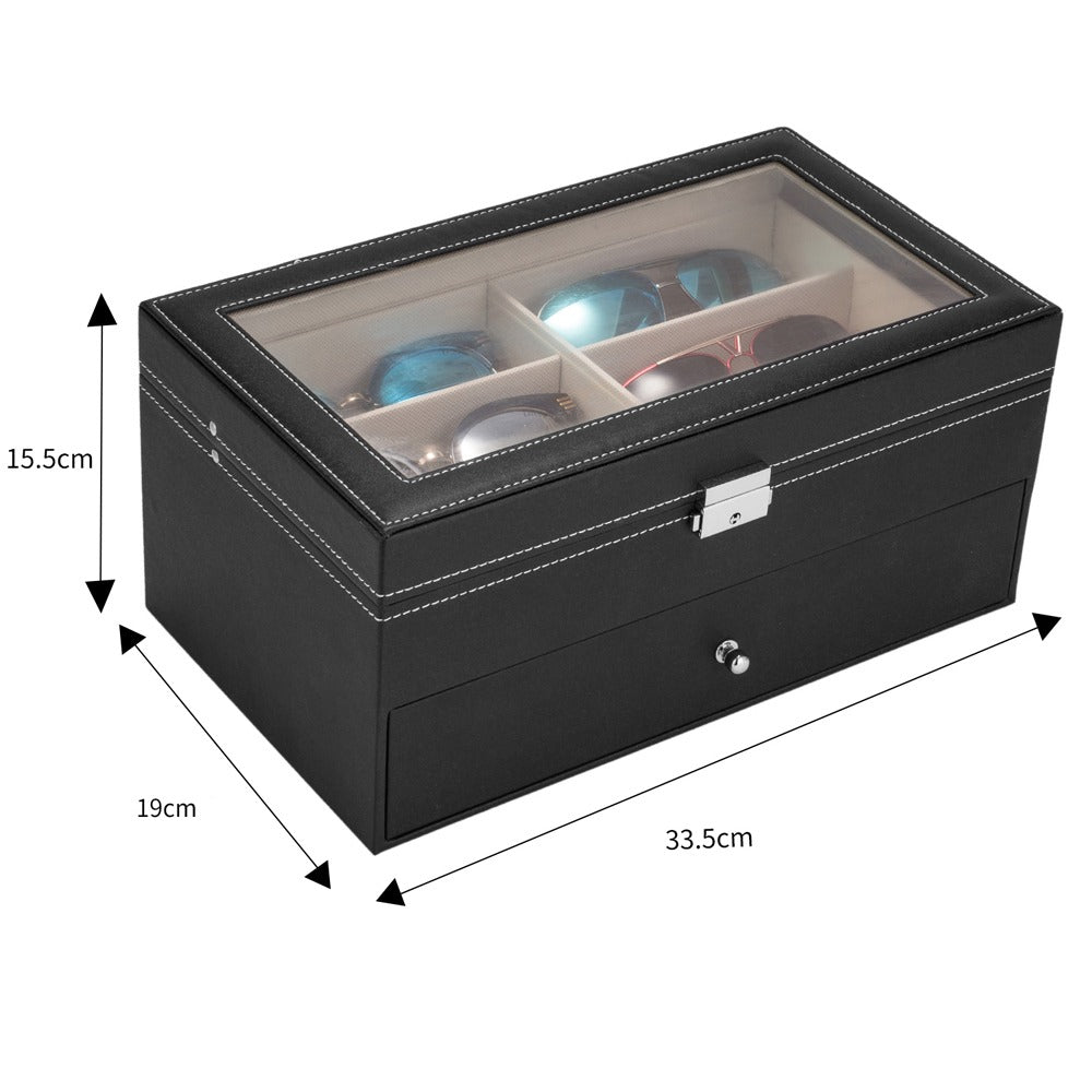 AEELLEEA Glasses Display Box with Lock, 2-Tier Sunglasses Jewelry Organizer with Clear Glass Top, PU Leather Eyeglasses Storage Case, Black