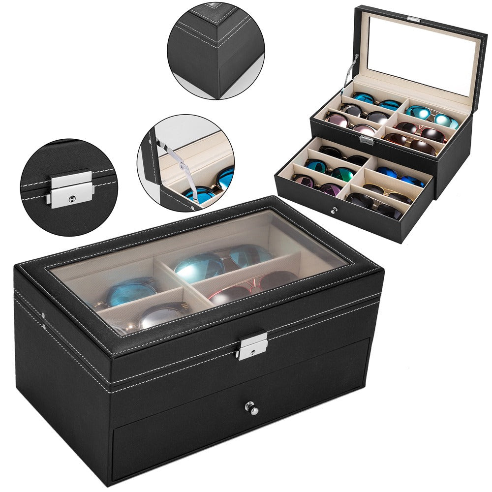 AEELLEEA Glasses Display Box with Lock, 2-Tier Sunglasses Jewelry Organizer with Clear Glass Top, PU Leather Eyeglasses Storage Case, Black
