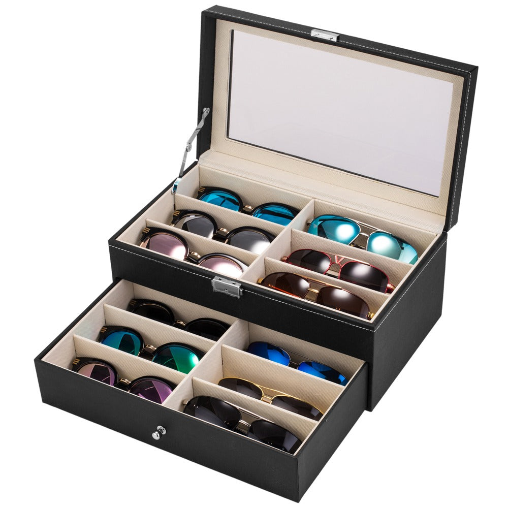 AEELLEEA Glasses Display Box with Lock, 2-Tier Sunglasses Jewelry Organizer with Clear Glass Top, PU Leather Eyeglasses Storage Case, Black