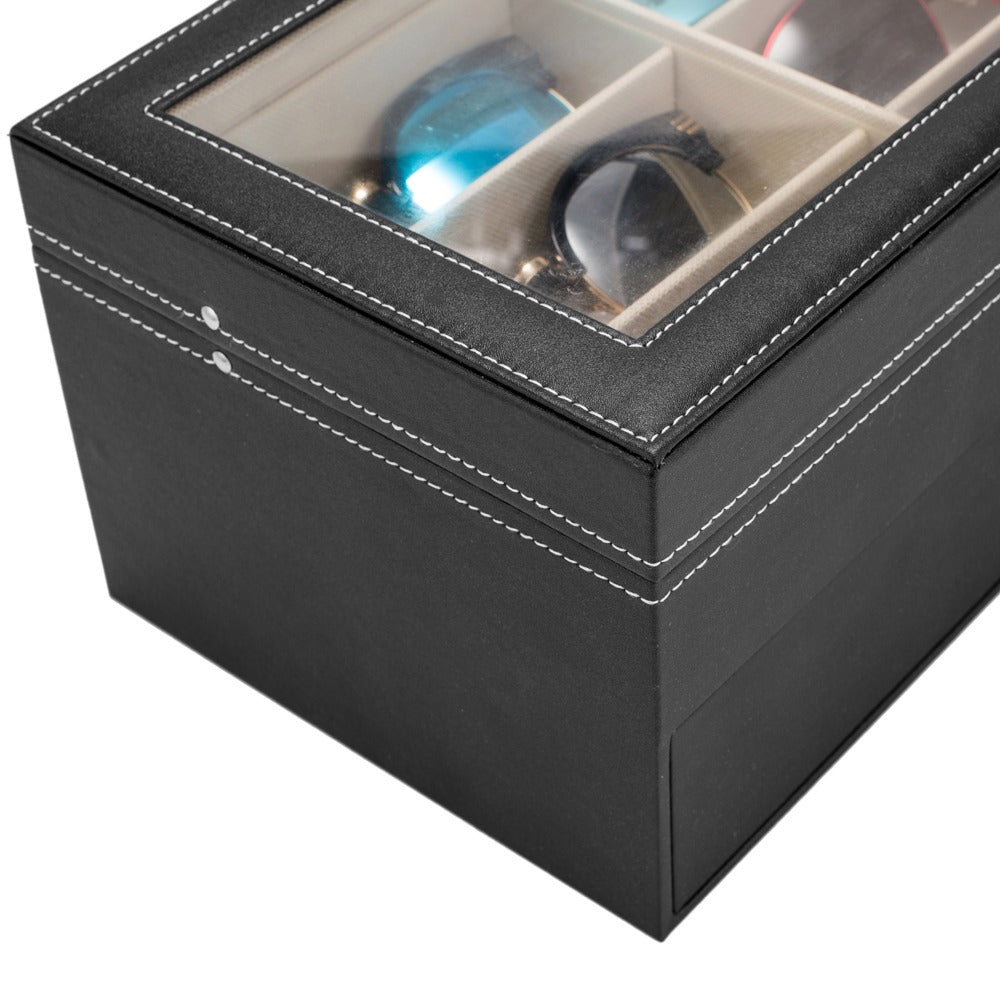 AEELLEEA Glasses Display Box with Lock, 2-Tier Sunglasses Jewelry Organizer with Clear Glass Top, PU Leather Eyeglasses Storage Case, Black