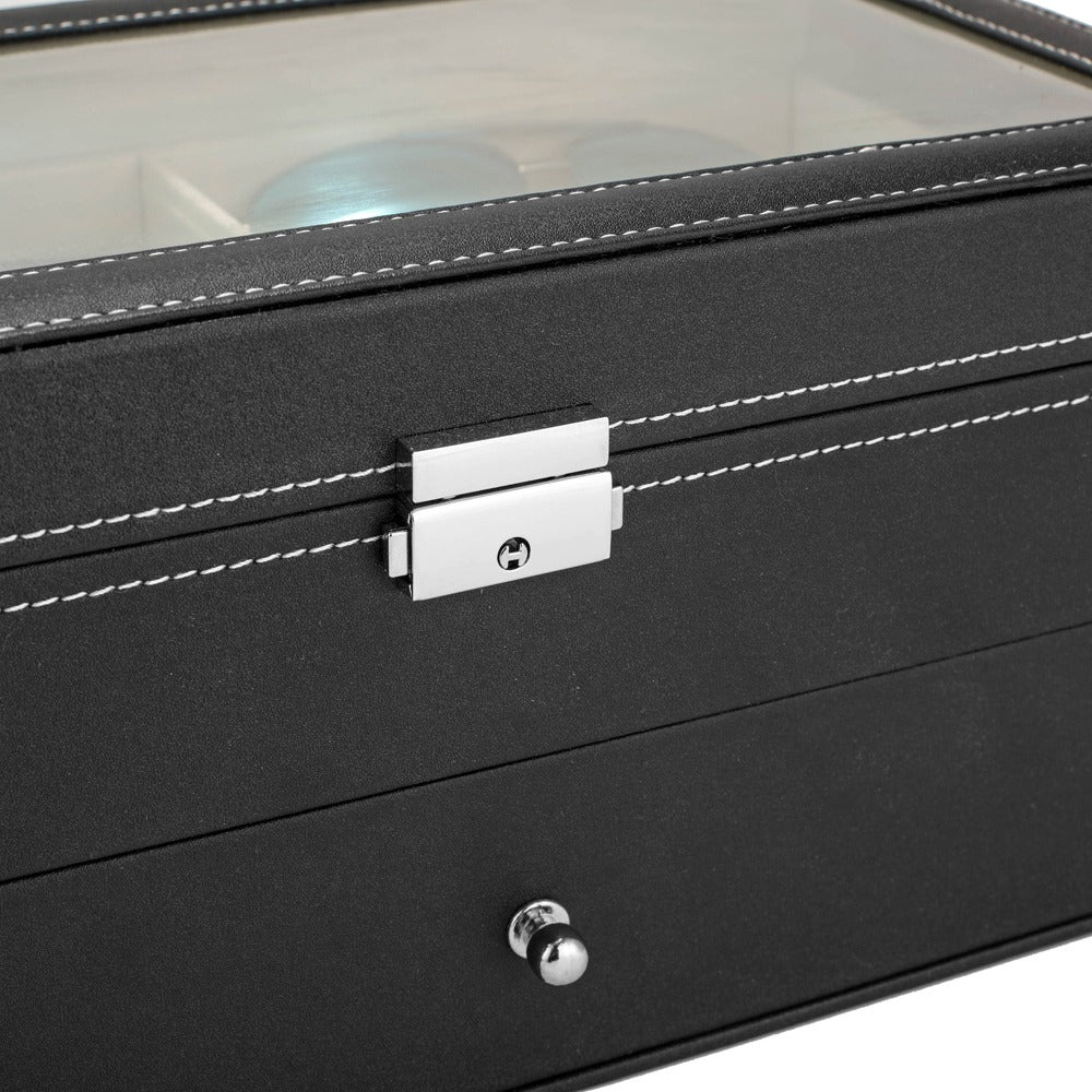 AEELLEEA Glasses Display Box with Lock, 2-Tier Sunglasses Jewelry Organizer with Clear Glass Top, PU Leather Eyeglasses Storage Case, Black