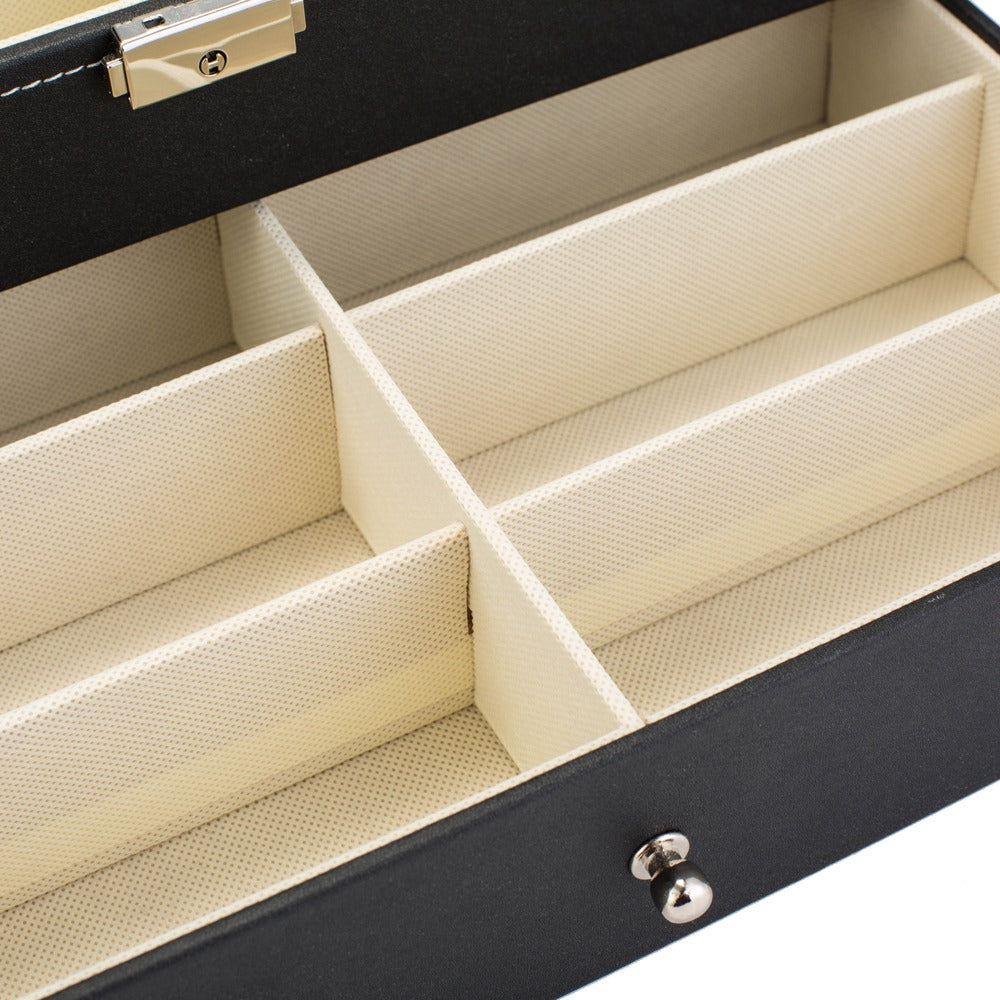 AEELLEEA Glasses Display Box with Lock, 2-Tier Sunglasses Jewelry Organizer with Clear Glass Top, PU Leather Eyeglasses Storage Case, Black