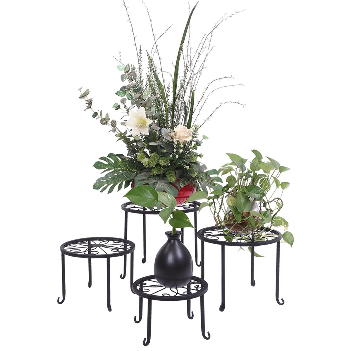 AEELLEEA 4 Pack Metal Plant Stands Indoor Outdoor, Black Wrought Iron Flower Pot Holders, Rustproof Round Plant Rack for Patio Garden Balcony